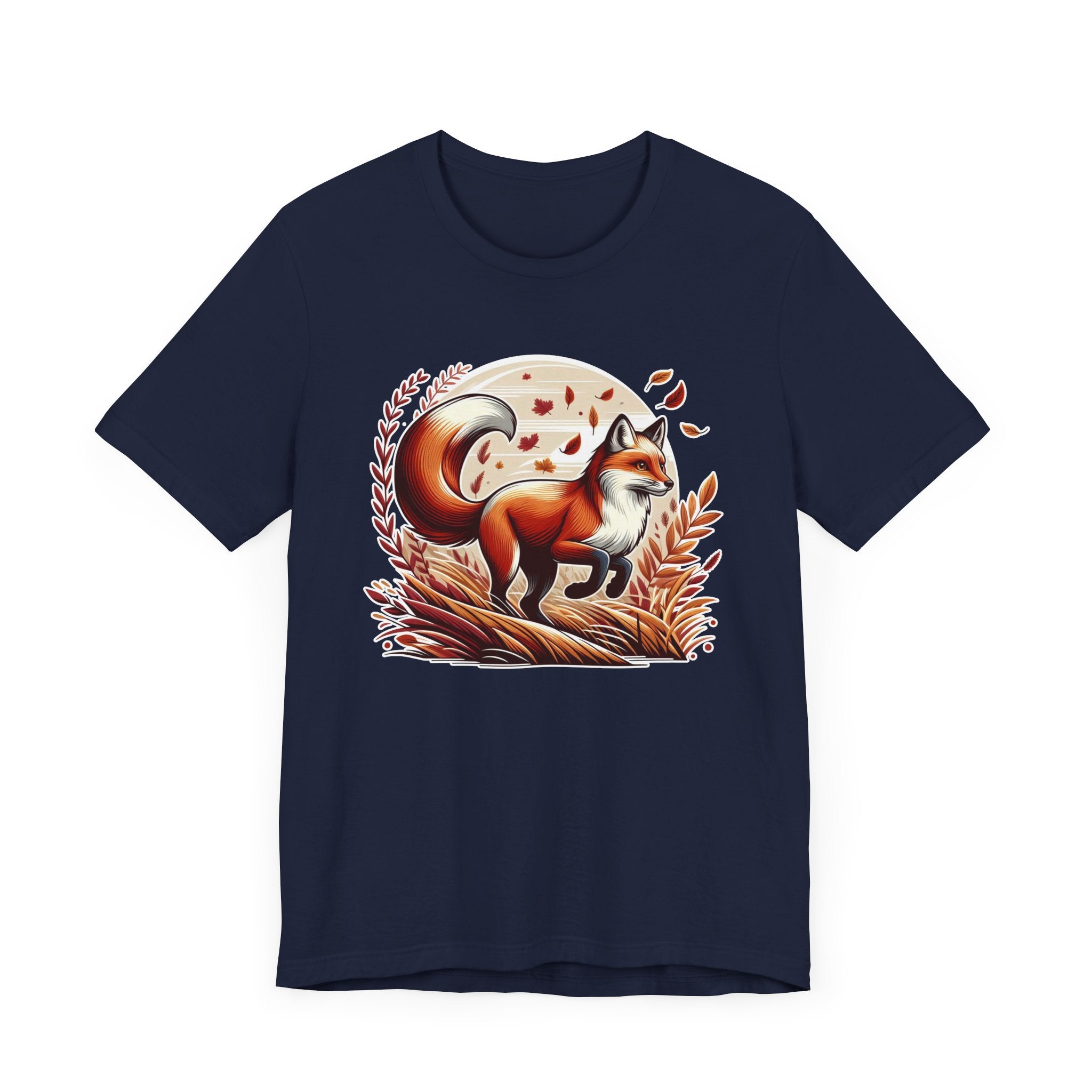Grace and Agility - Elegant Fox Leaping in Grain Field with Flying Leaves Graphic T-Shirt