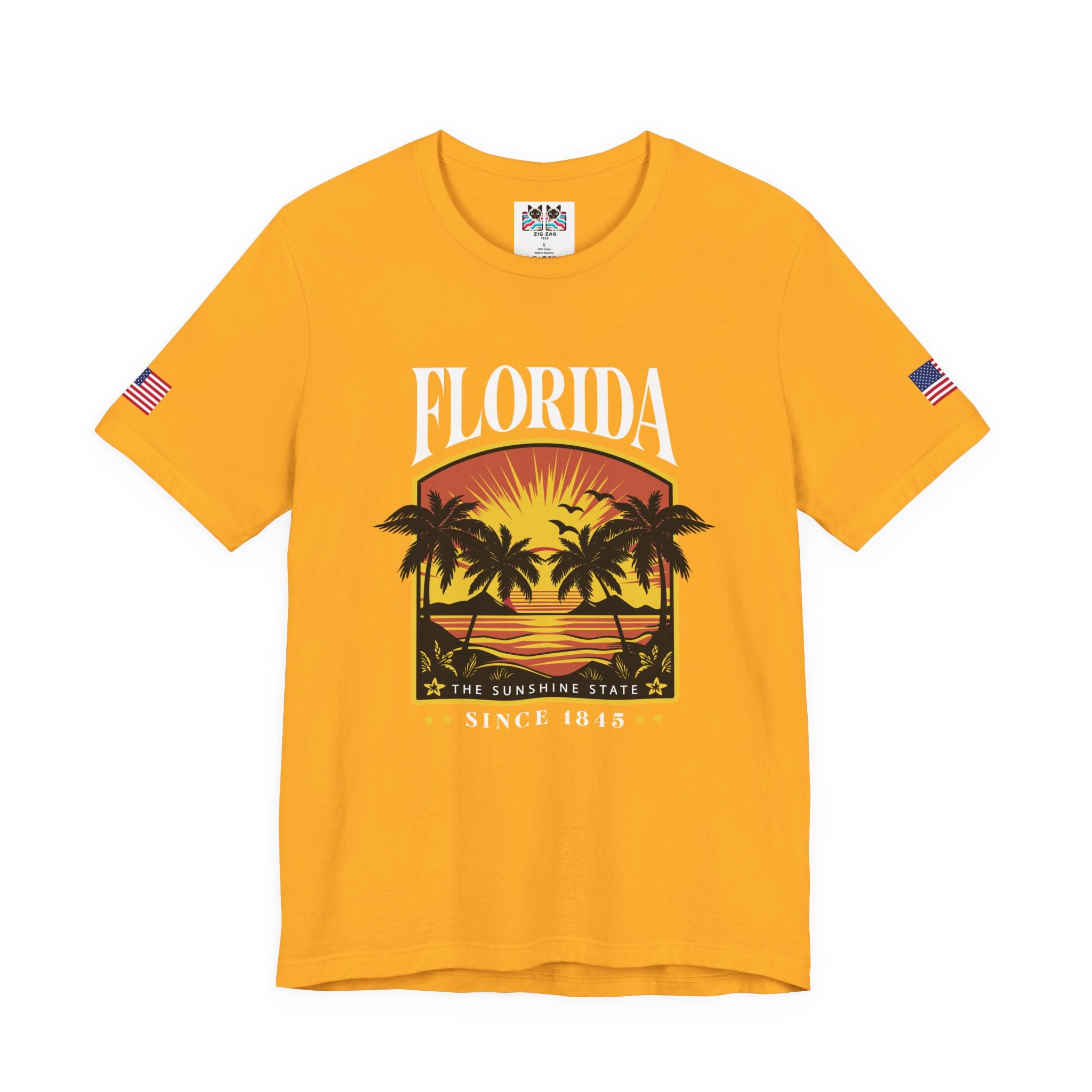 Florida The Sunshine State Since 1845 T-Shirt – Retro Badge Palm Tree Sunset Graphic Tee
