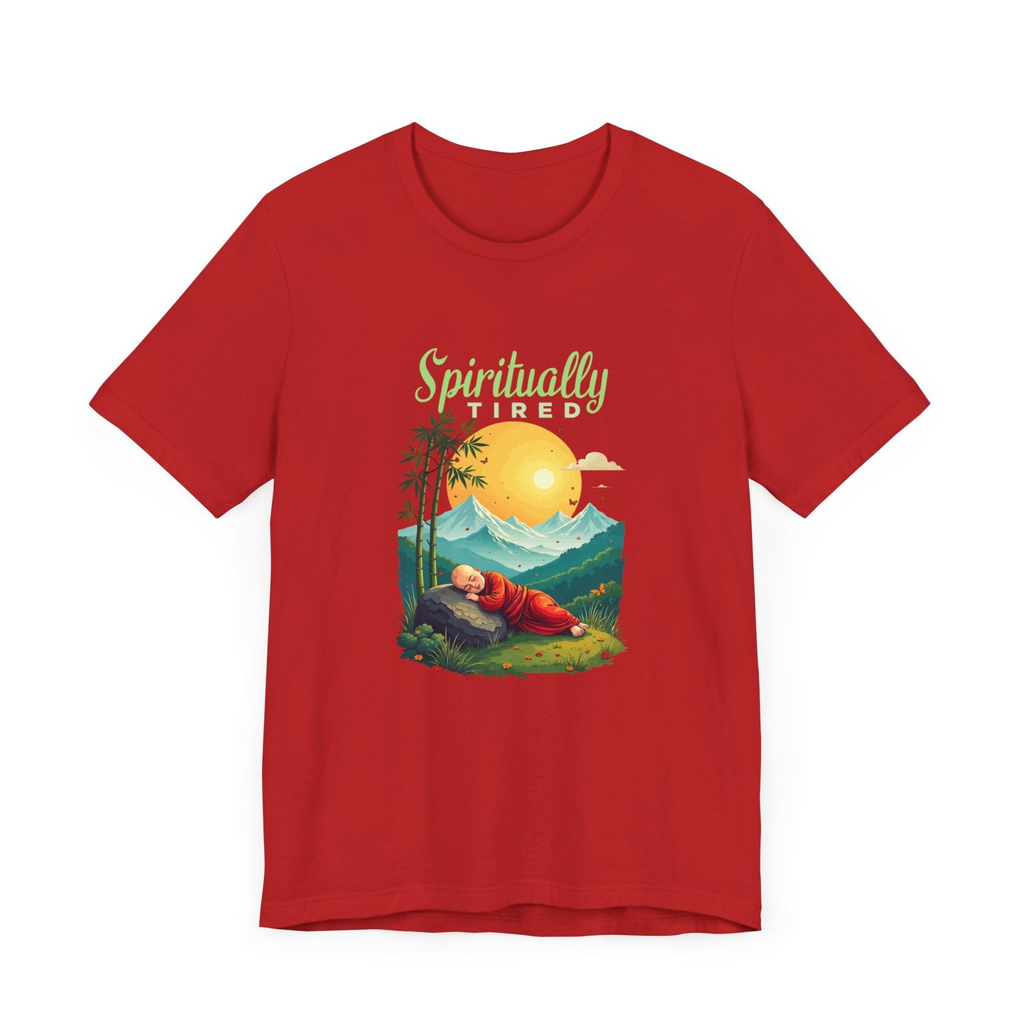 Spiritually Tired – Sleeping Monk Boy in Sunrise Nature Graphic T-Shirt