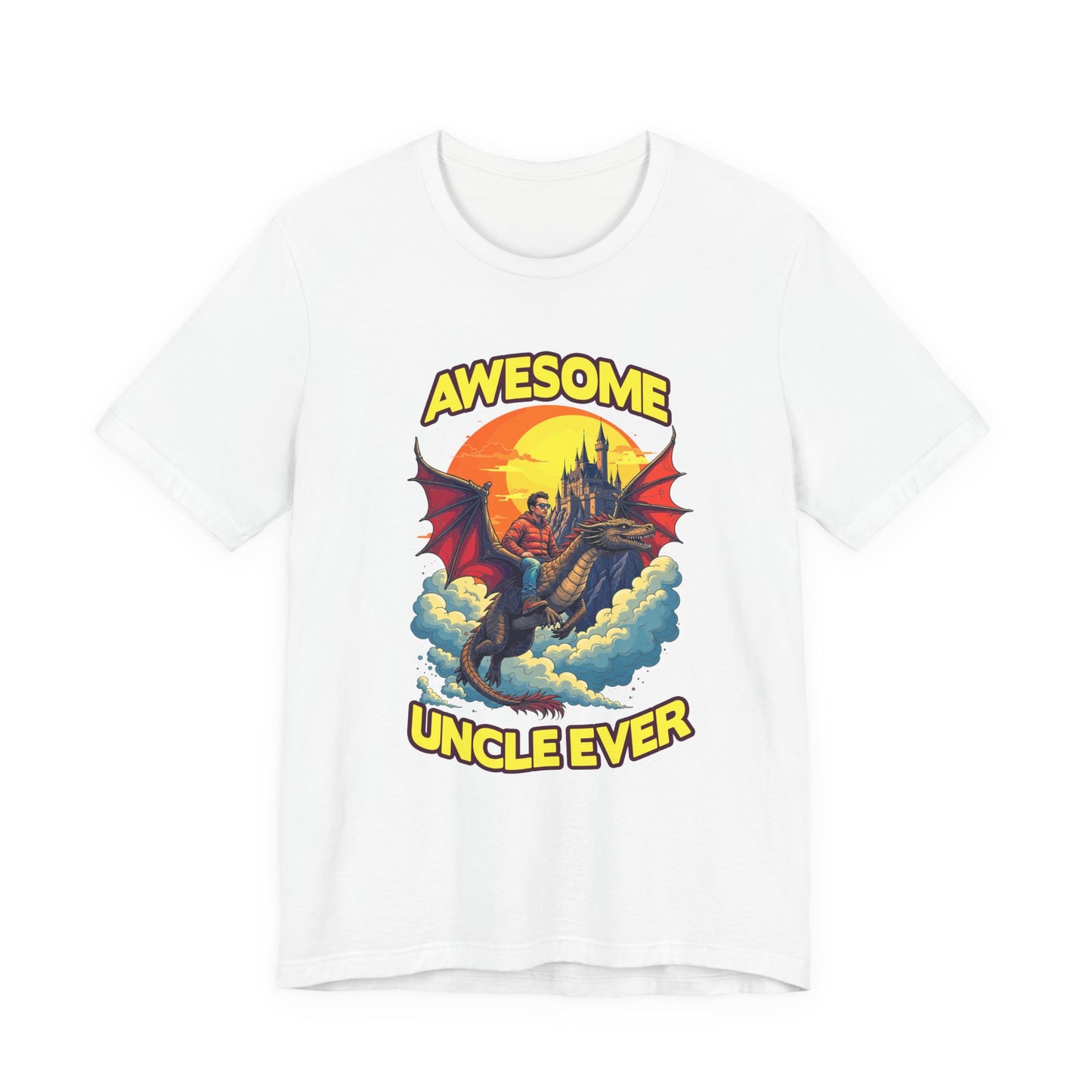 Awesome Uncle Ever Tshirt Man Riding Large Dragon Flying in Clouds with Castle in background