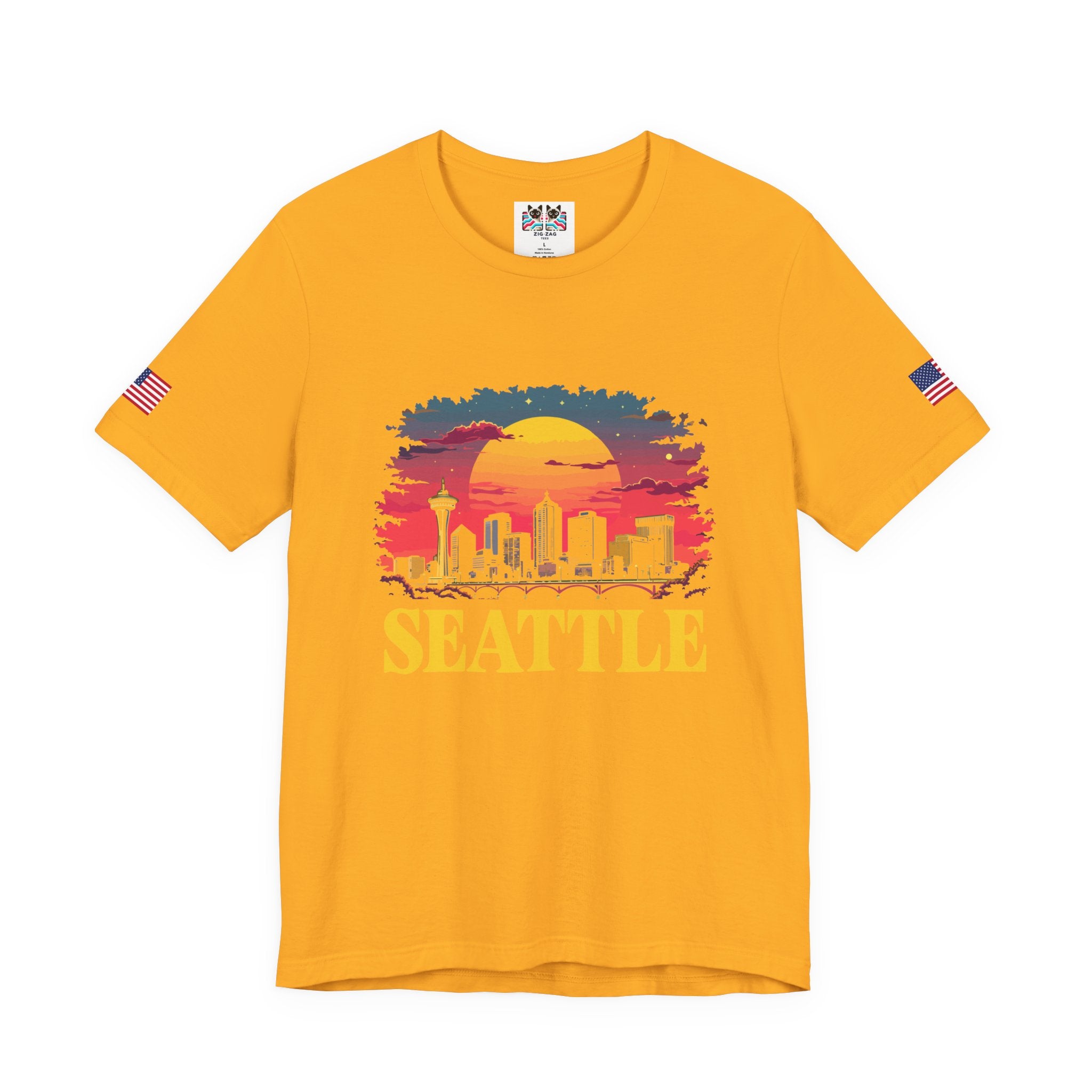 Seattle Retro Sunset Skyline Graphic T-Shirt | Emerald City Space Needle Night Sky Tee | Seattle Souvenir Shirt