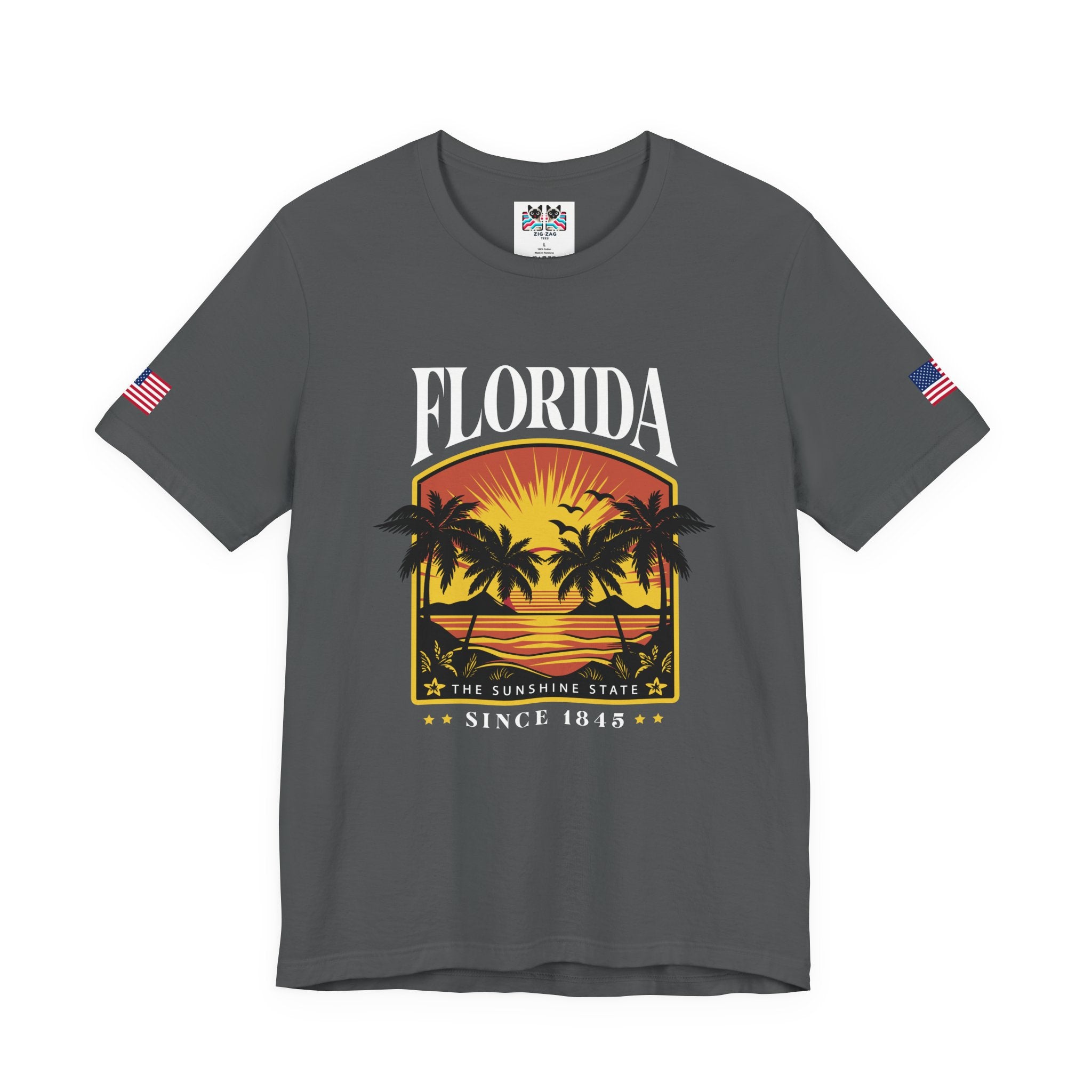 Florida The Sunshine State Since 1845 T-Shirt – Retro Badge Palm Tree Sunset Graphic Tee