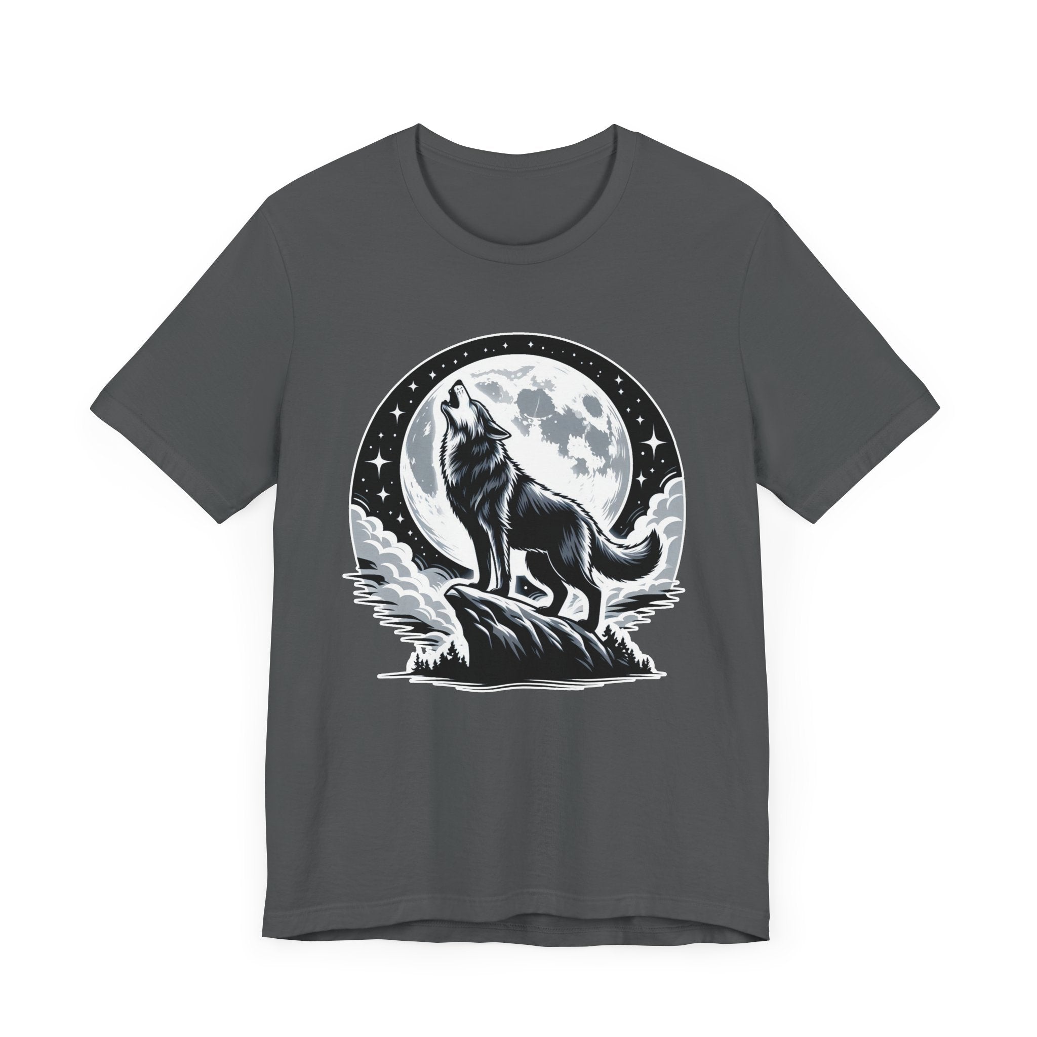 Mystical and Wild - Wolf Howling on Mountain Edge with Full Moon and Stars Graphic T-Shirt