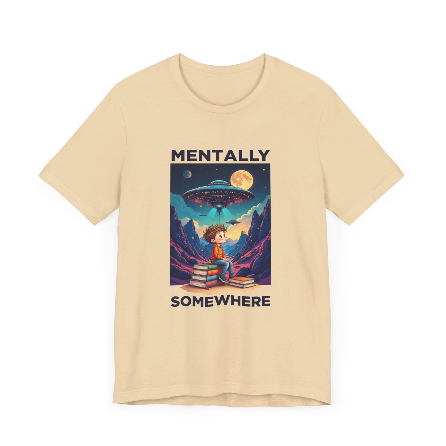 Mentally Somewhere Else – Boy on Books with Space Scene Graphic T-Shirt