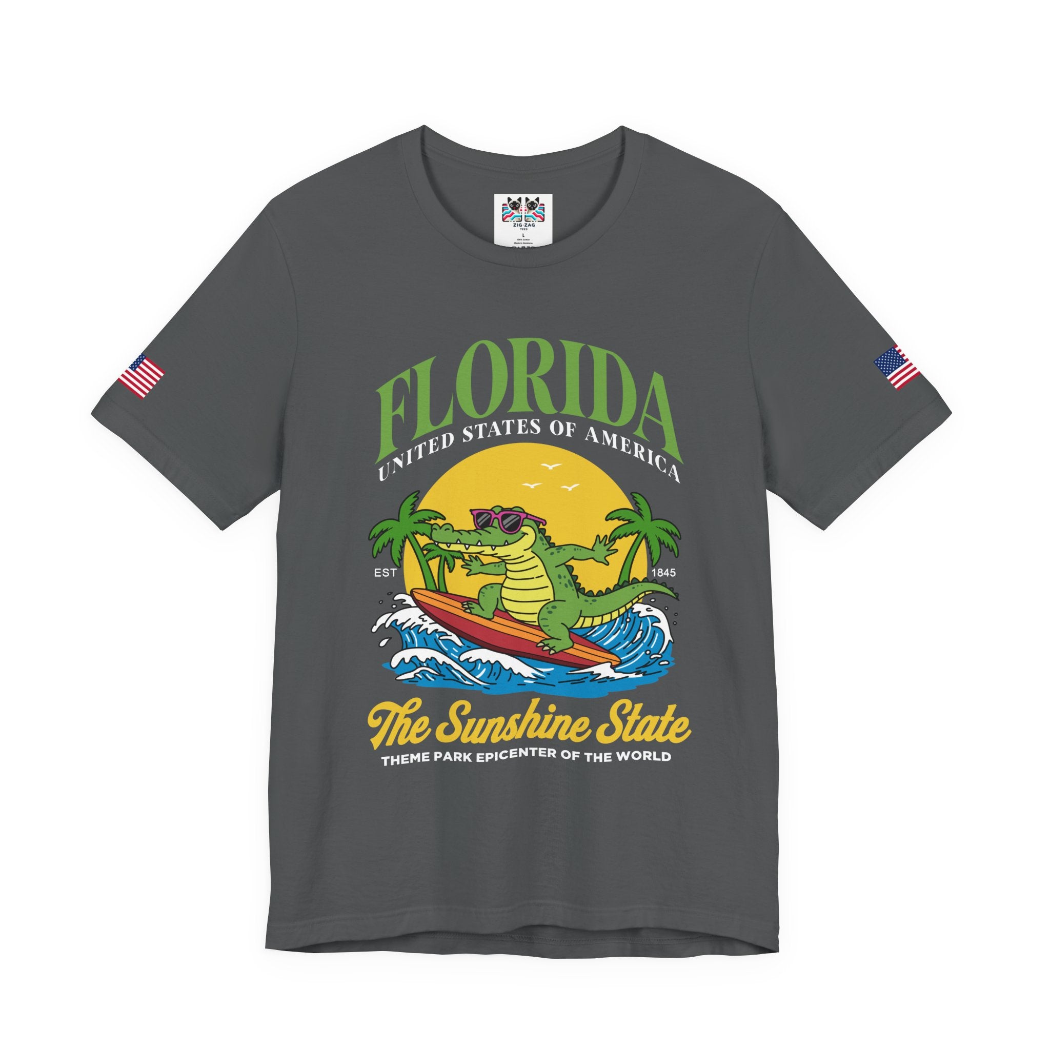 Florida Sunshine State T-Shirt – Surfing Alligator EST 1845 Theme Park Epicenter USA Tee