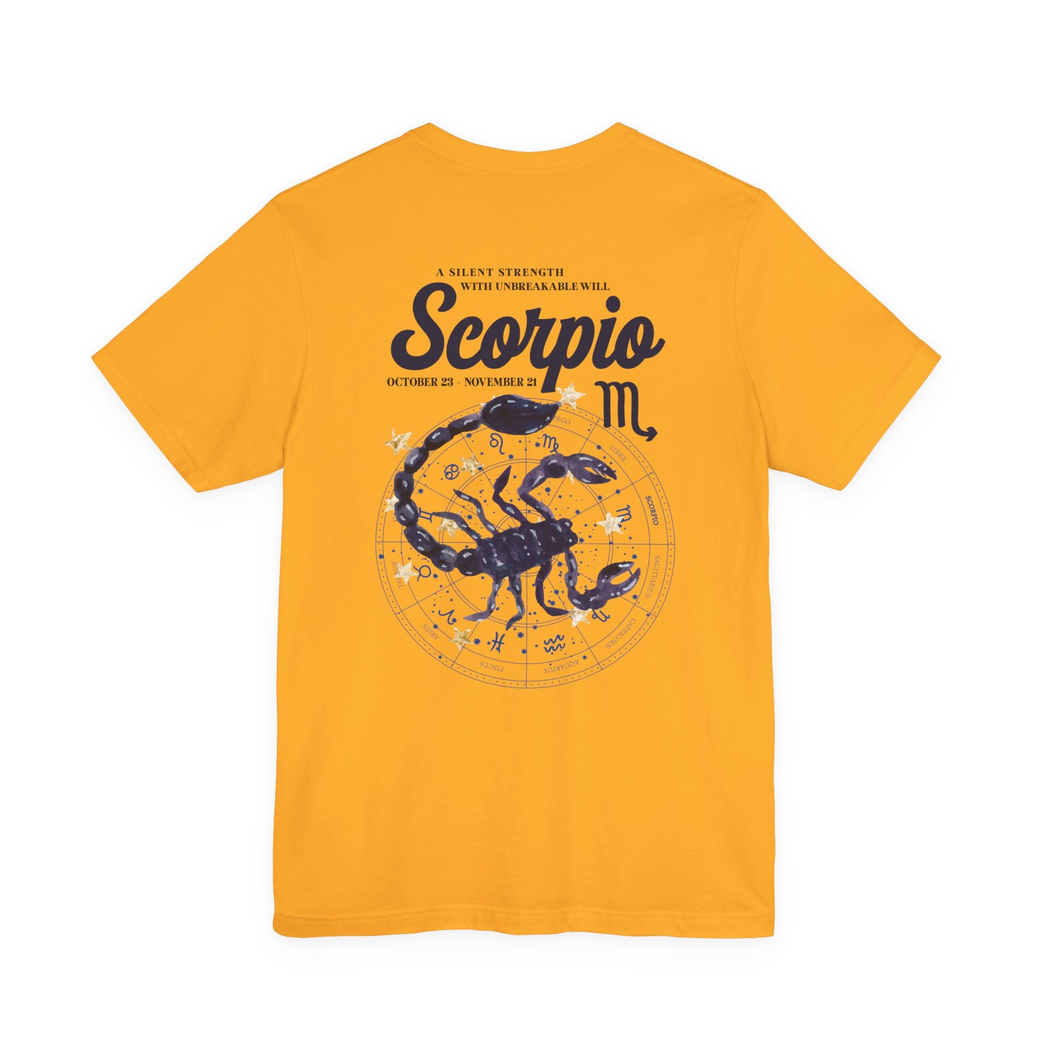 Scorpio Silent Strength T-Shirt – Scorpion with Zodiac Calendar Background