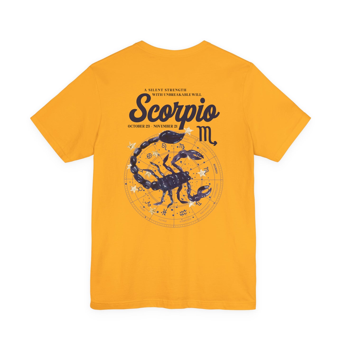 Scorpio Silent Strength T-Shirt – Scorpion with Zodiac Calendar Background