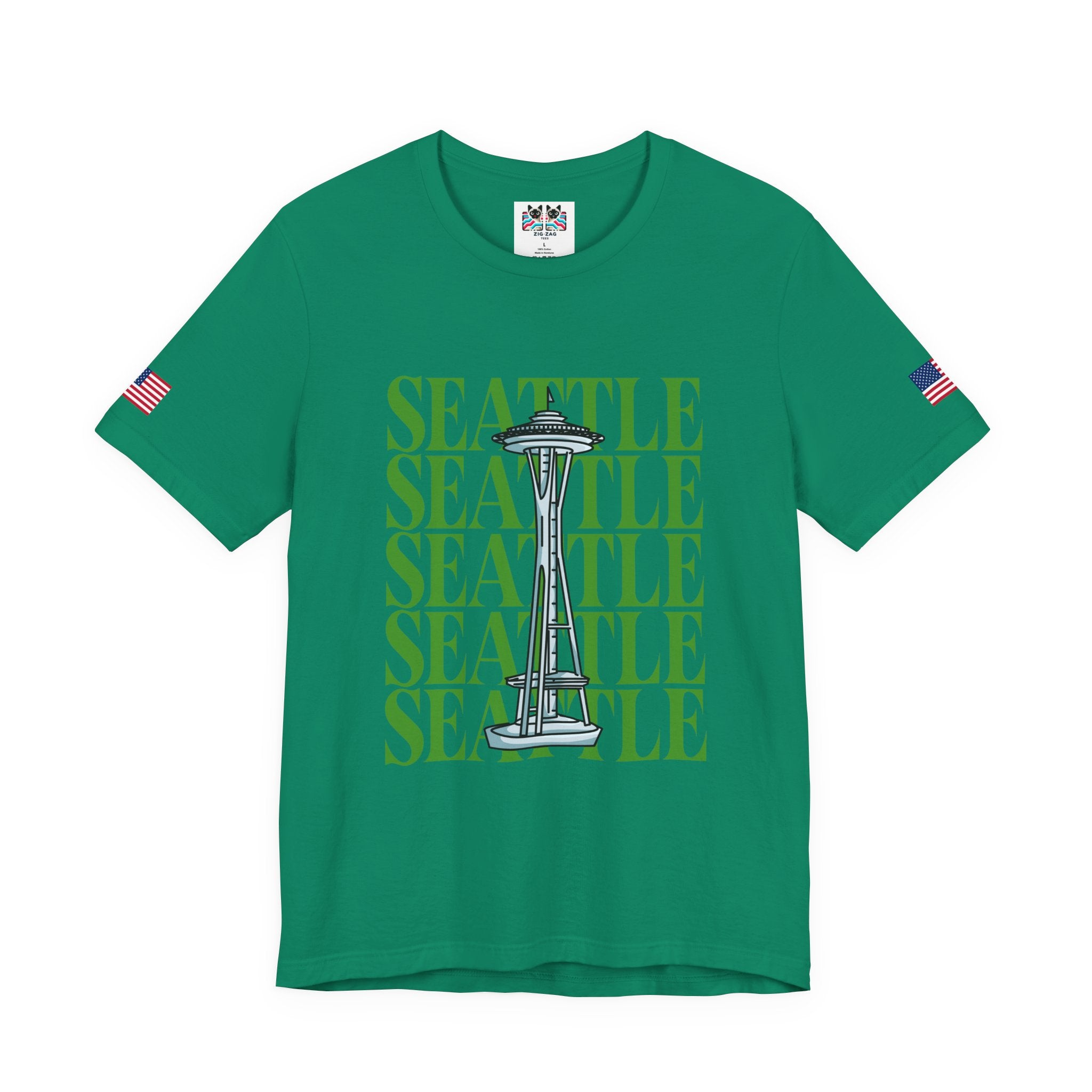 Seattle Repeated Text Space Needle Graphic T-Shirt | Seattle Washington Souvenir Tee | Space Needle Pride Shirt
