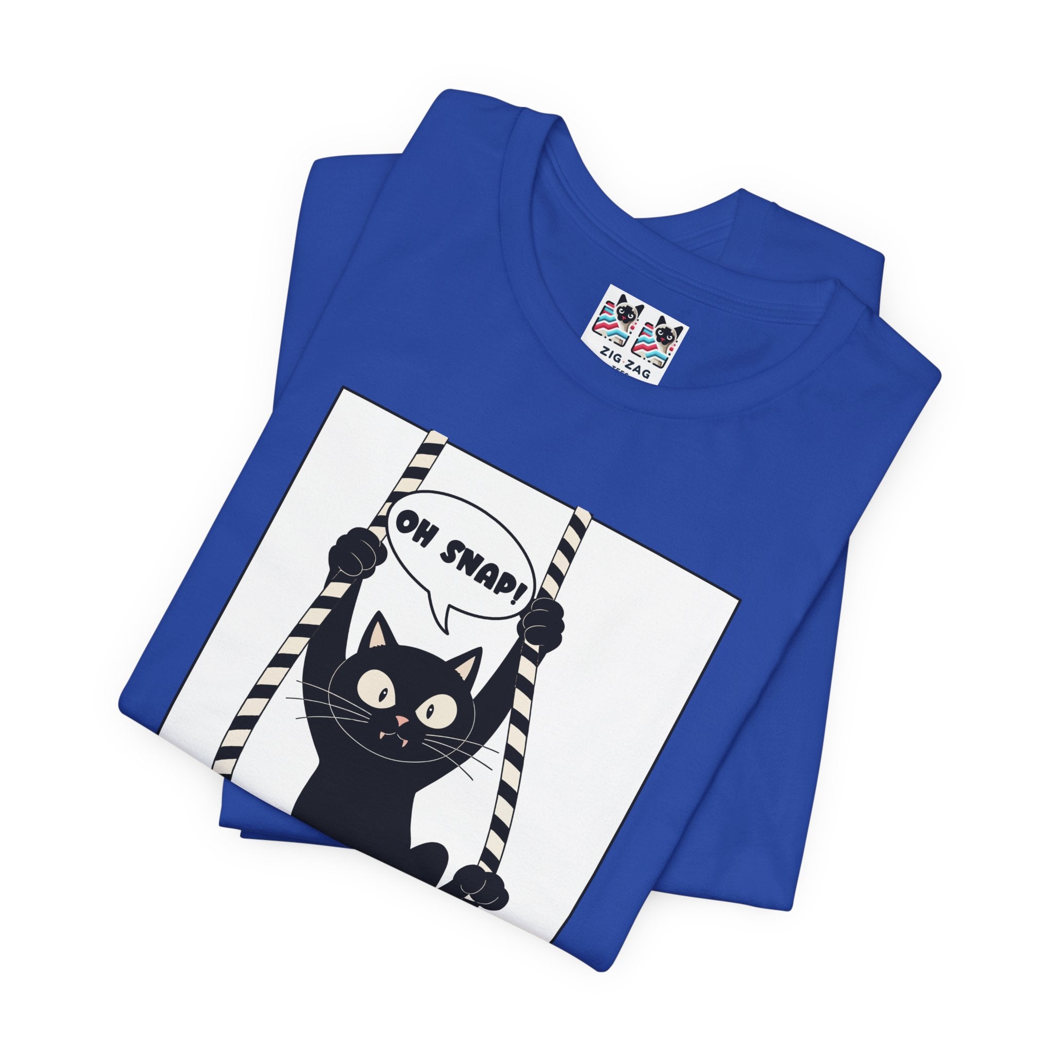 Custom T-Shirt - Oh Snap Funny Cat T-Shirt – Cat Hanging from Blinds Mischievous Kitten Humor Graphic Tee