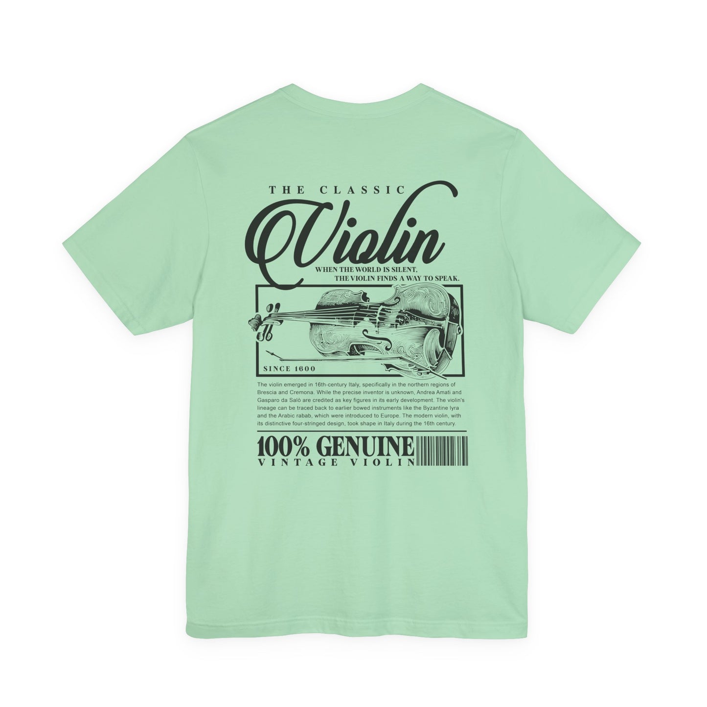 The Classic Violin T-Shirt – Vintage Instrument & 16th Century Story [Black Text]