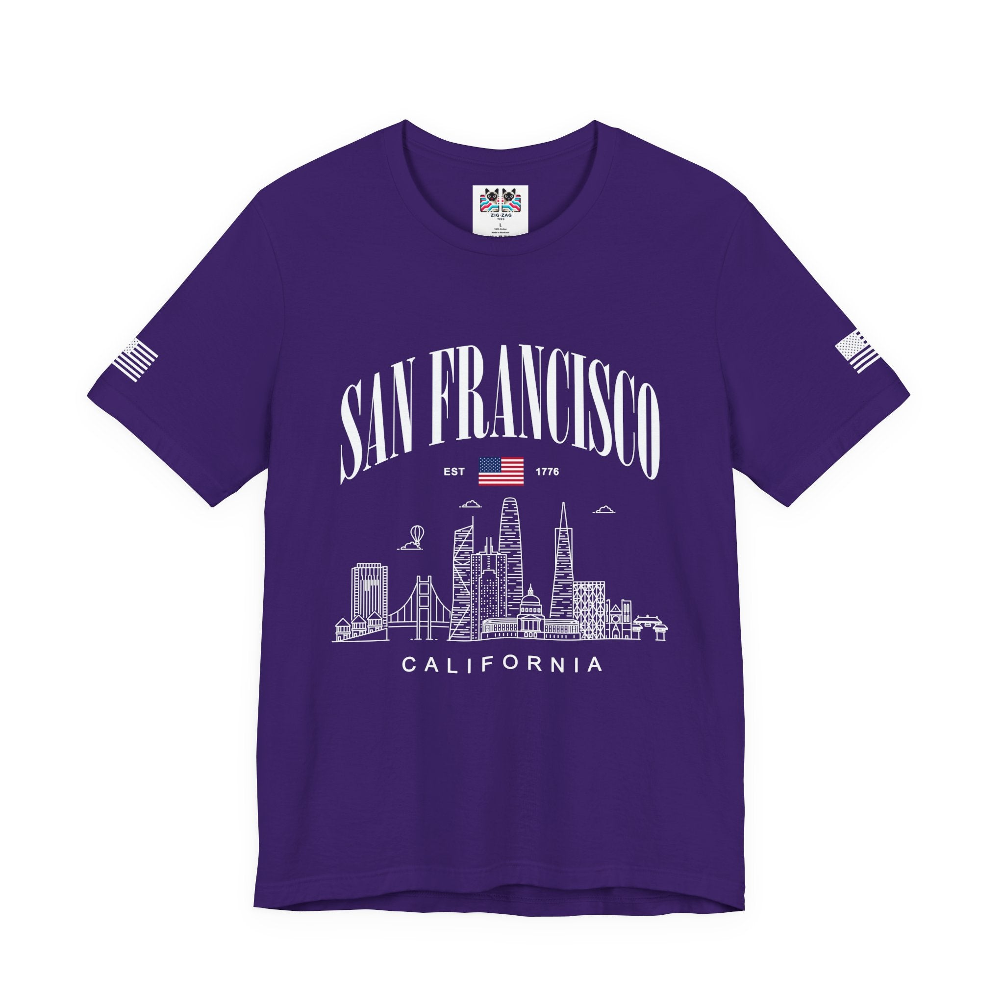San Francisco California T-Shirt, EST 1776 Arch Skyline Tee, Bay Area Patriotic Shirt, SF Souvenir Gift, Unisex USA Flag Sleeve Shirt