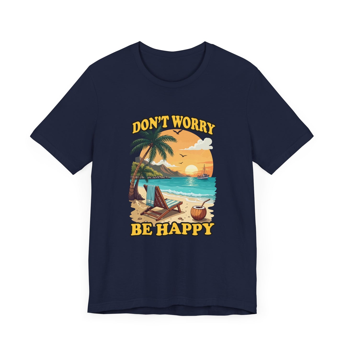 Don’t Worry Be Happy T-Shirt – Retro Beach Sunset Graphic Tee
