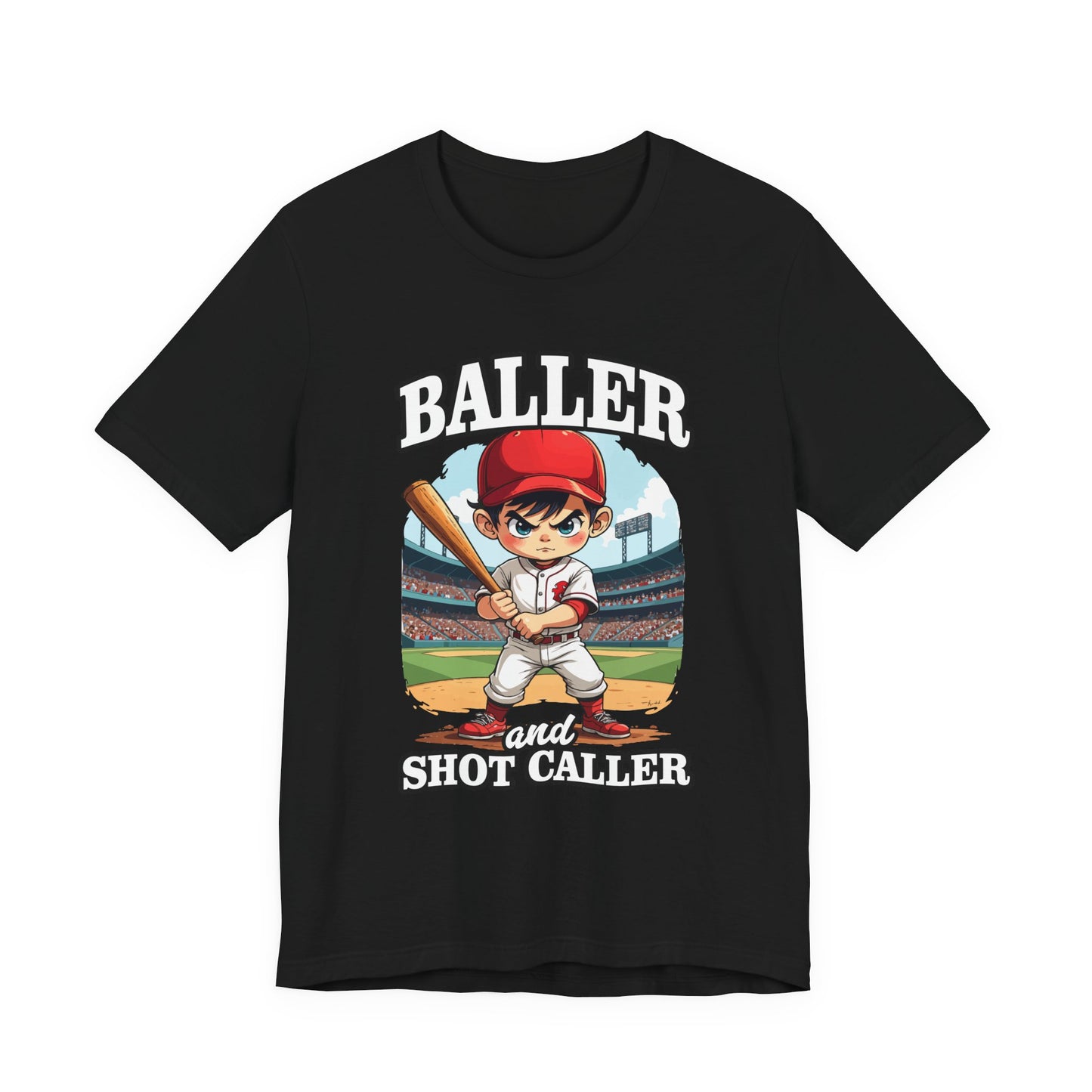Baller And Short Caller Tshirt young baseball player standing confidently on the pitch