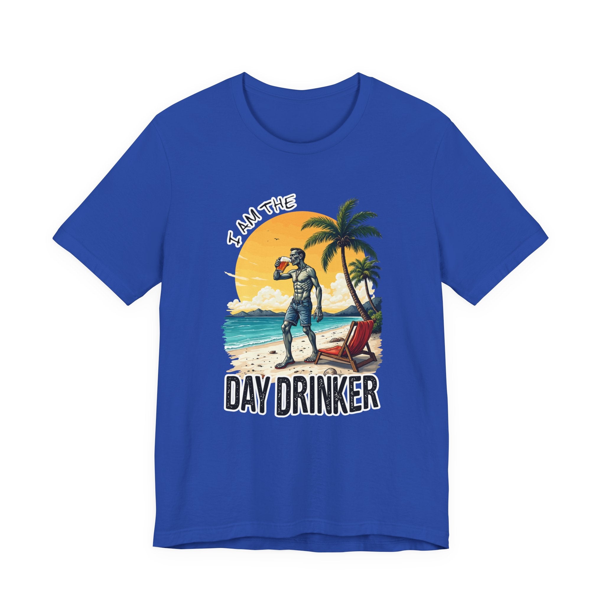 I am the Day Drinker Tshirt Zombie Beach Man with Beer, Shorts, Flip Flop & Reclining Chair