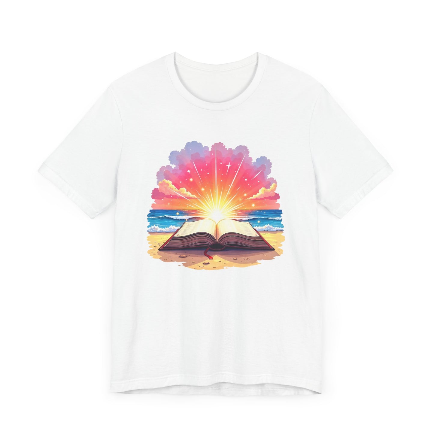 Magical Open Book on Beach with Radiant Flashlight Graphic T-Shirt
