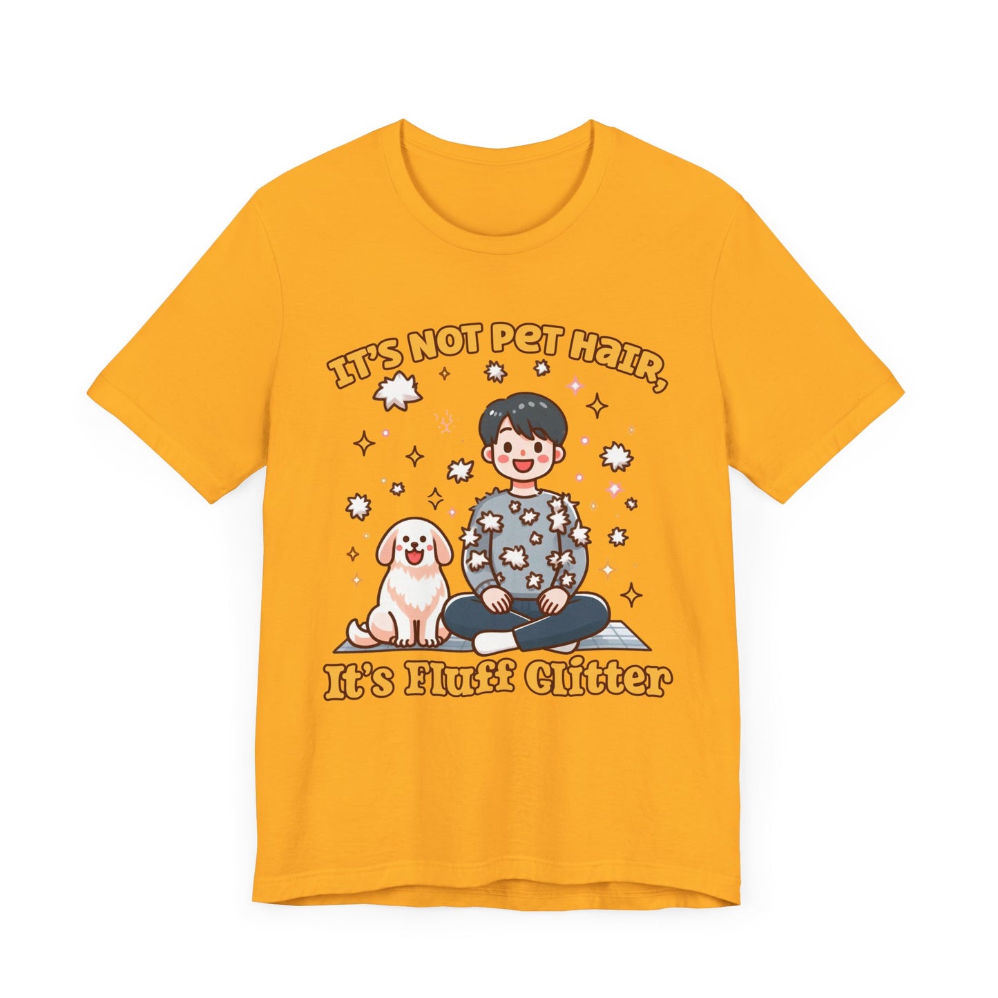 It's Not Pet Hair, It's Fluff Glitter | Smiling Puppy and Boy with Flying Hair & Glitter T-Shirt