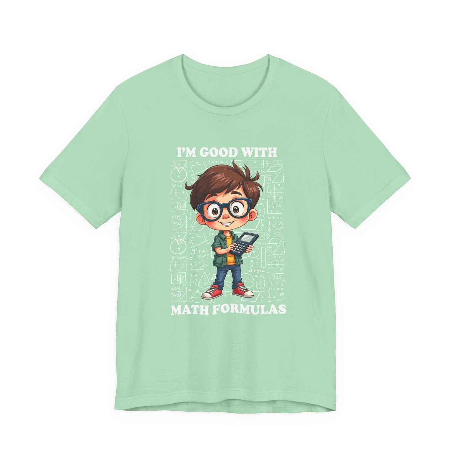 I'm Good with Math Formulas Tshirt – Happy Boy with Calculator and Math Diagrams