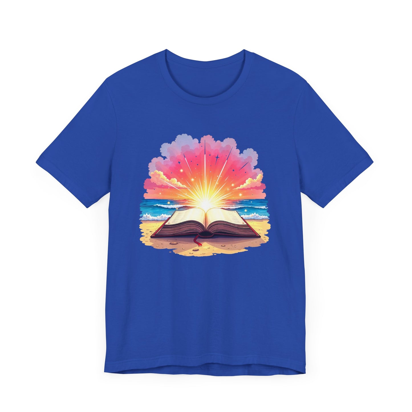Magical Open Book on Beach with Radiant Flashlight Graphic T-Shirt