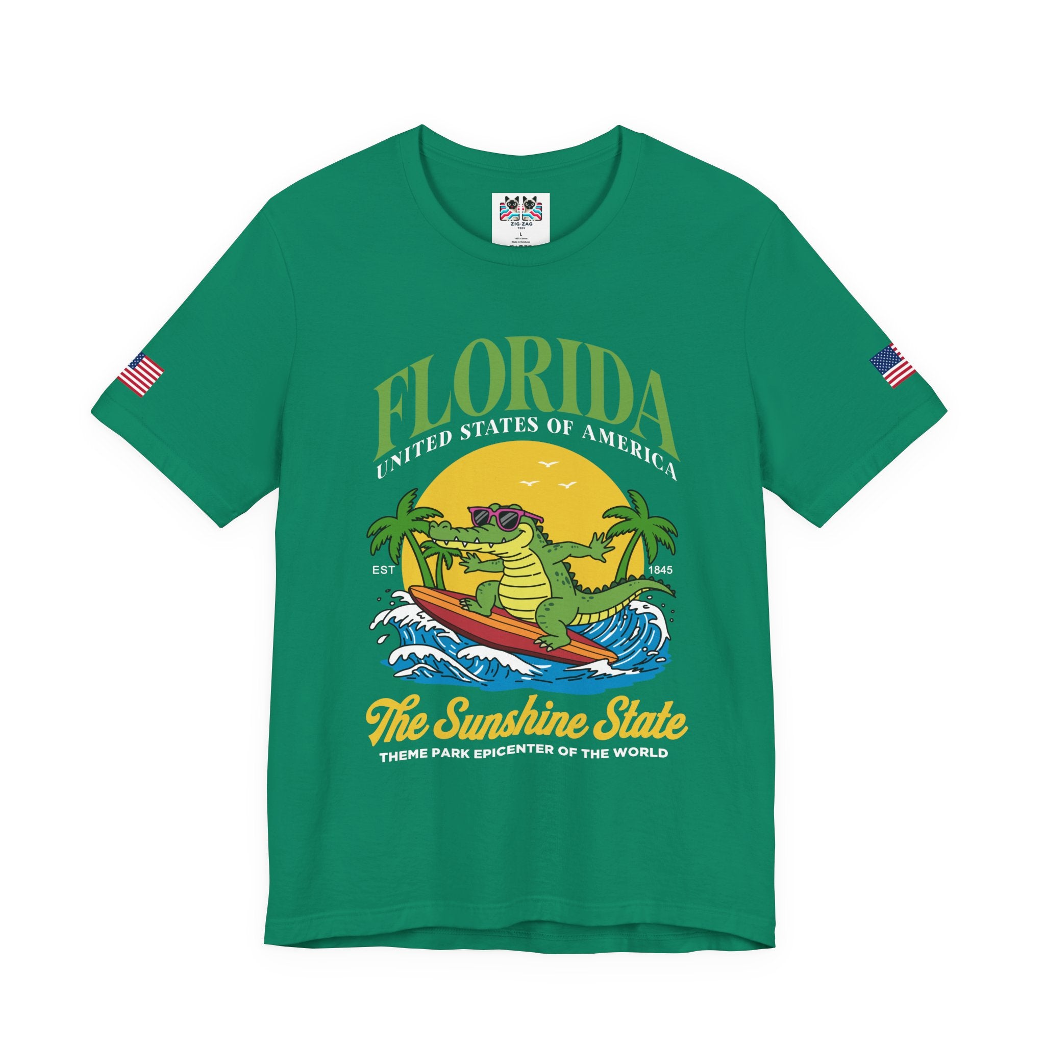 Florida Sunshine State T-Shirt – Surfing Alligator EST 1845 Theme Park Epicenter USA Tee