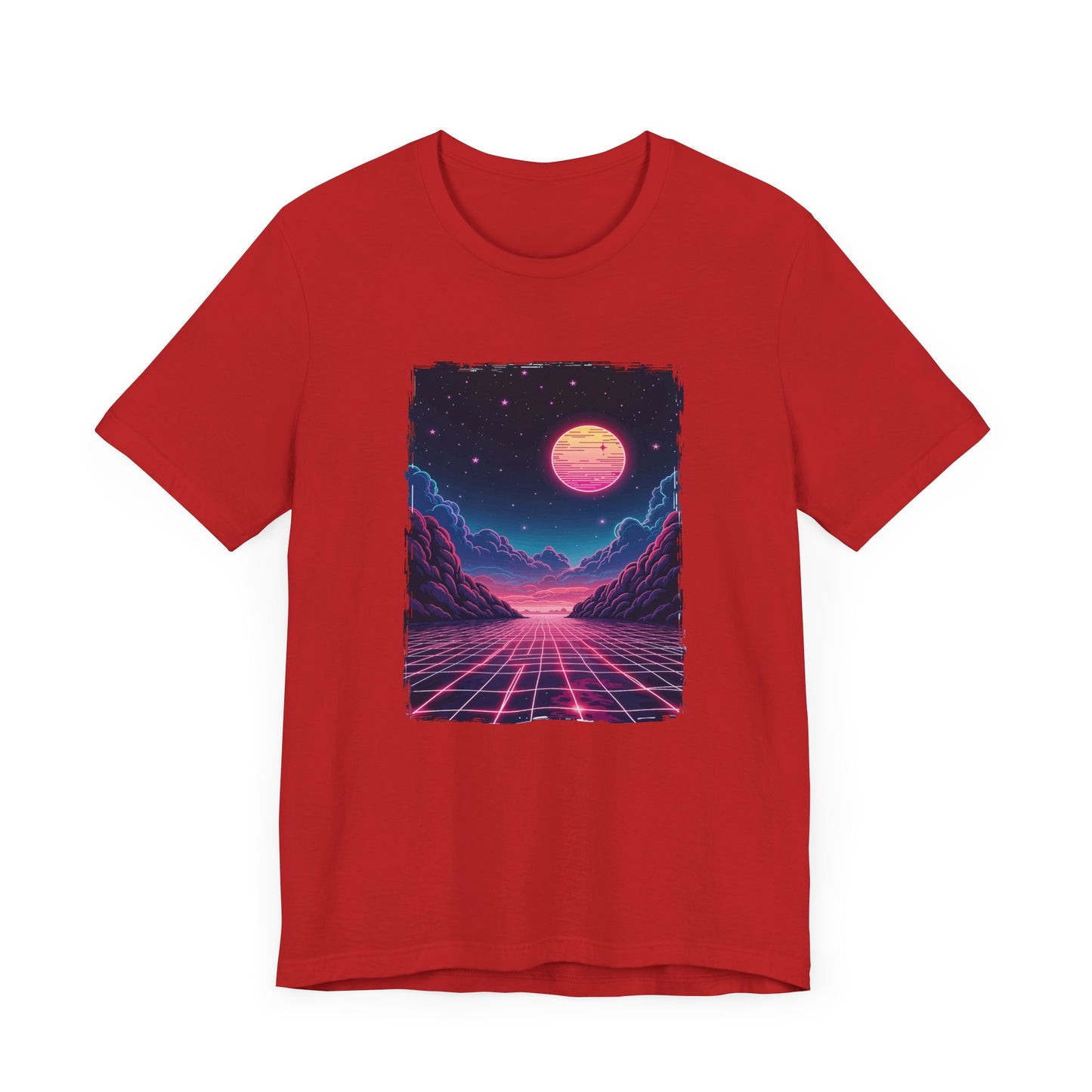 Neon Dream – Full Moon Night Waterfront with Mountains and Glowing Sky Graphic T-Shirt