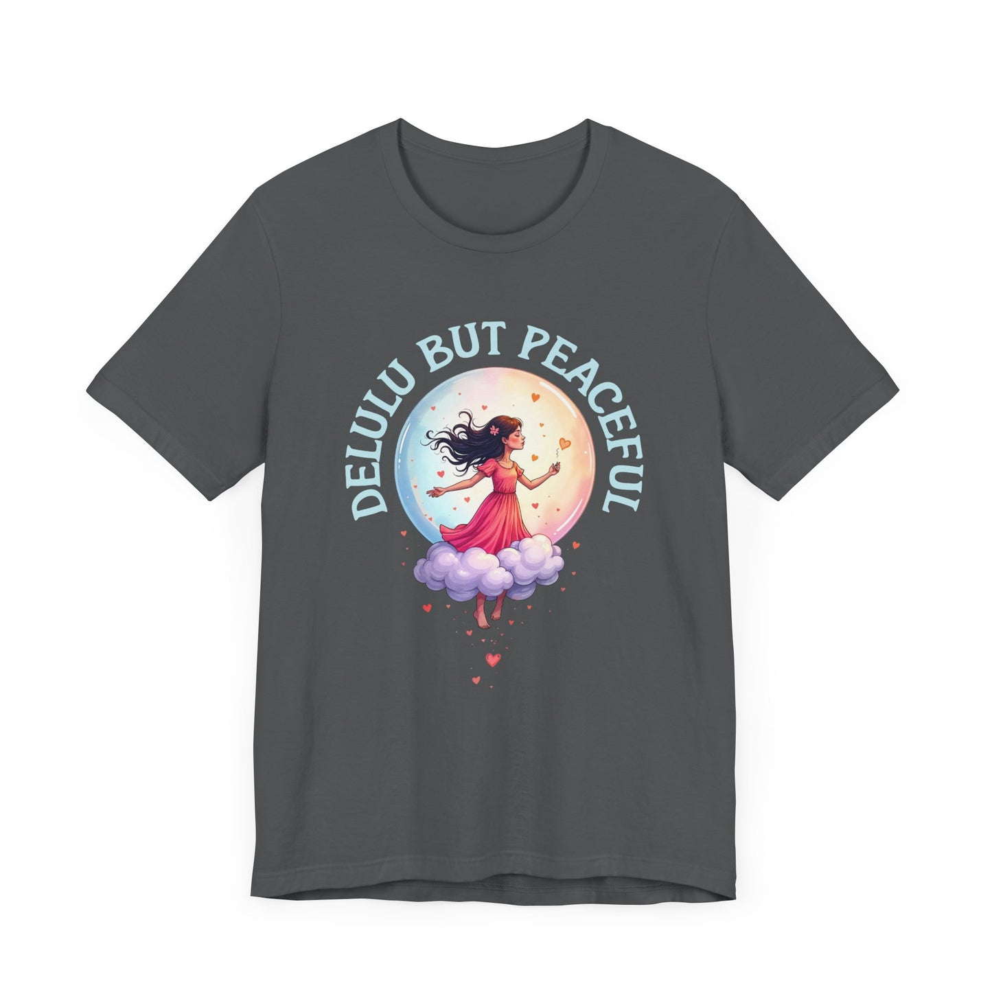 Delulu But Peaceful – Blissfully Unrealistic Floating Girl with Moon & Hearts Graphic T-Shirt