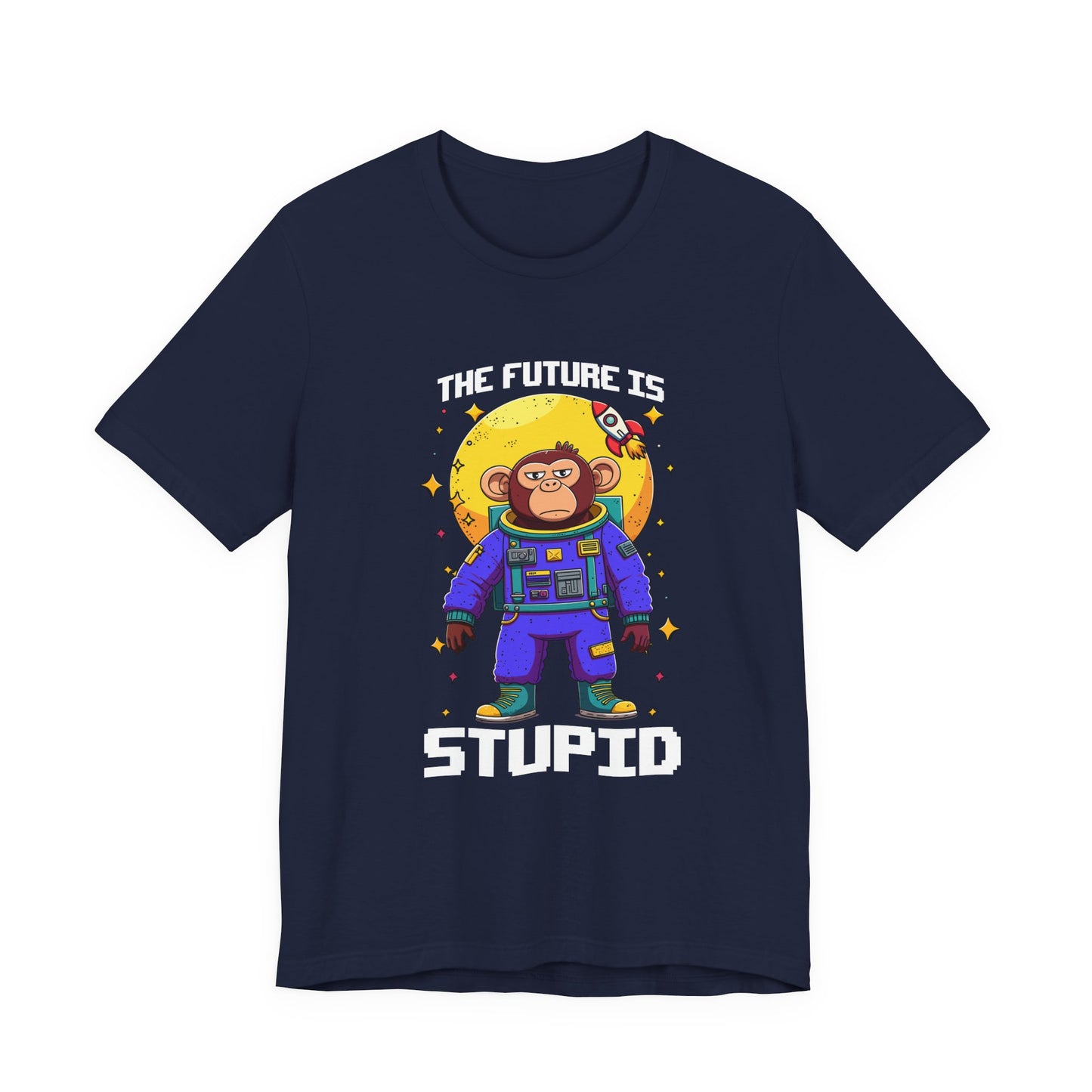 The Future Is Stupid Tshirt – Monkey in Colorful Spacesuit with Stars & Rocket Graphic