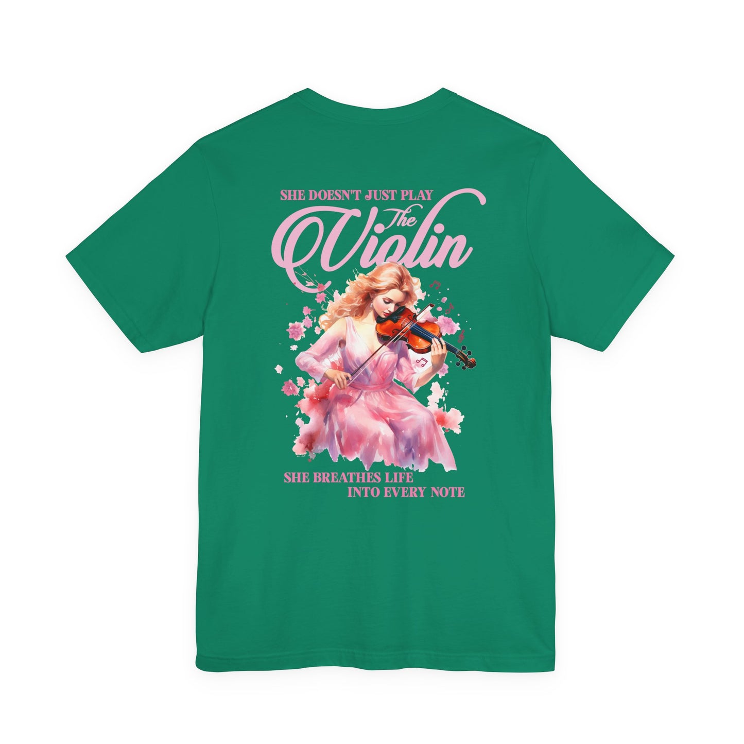 The Violin T-Shirt – Woman in Pink Dress with Flowers and Music Notes