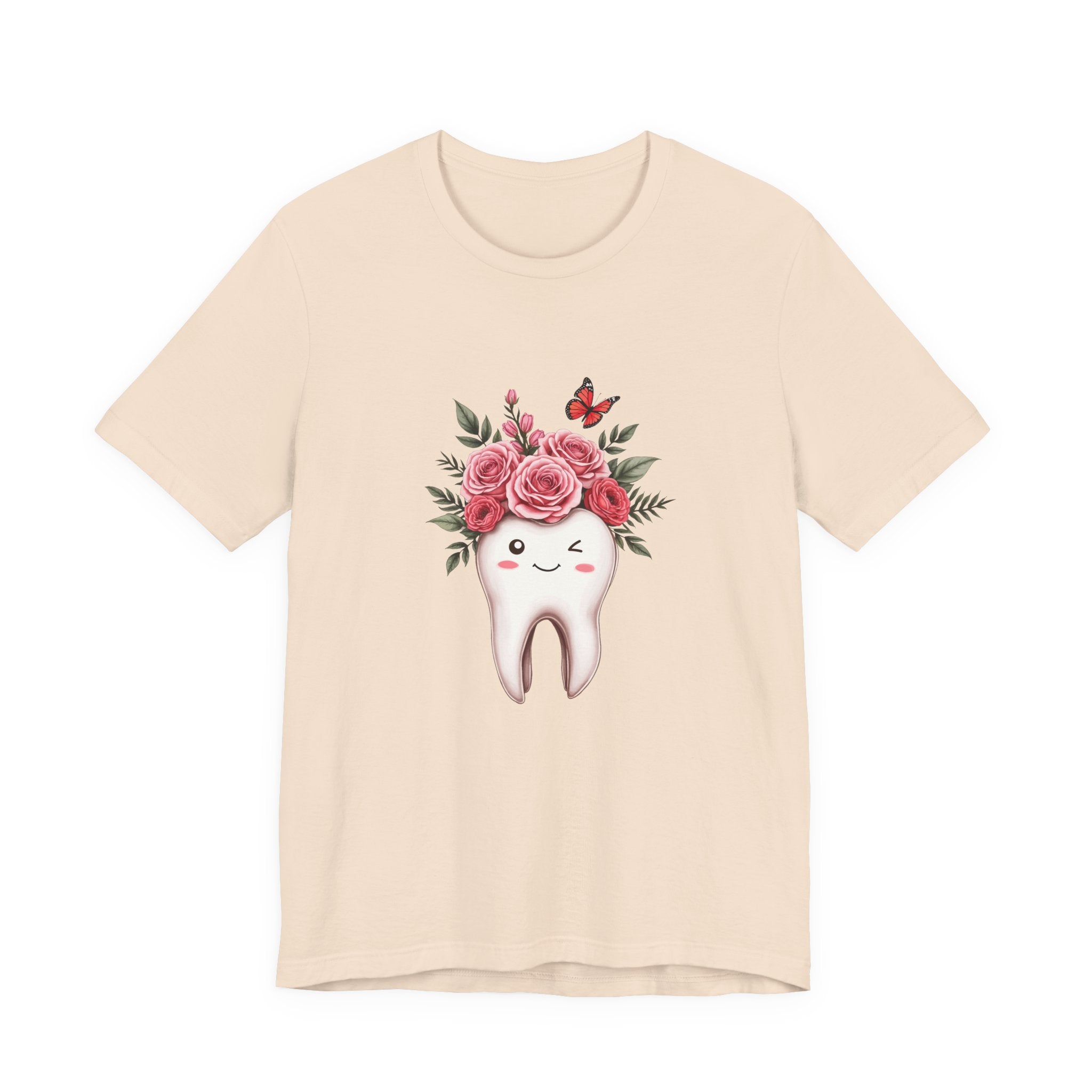 Smile T Shirt with Large Winking Tooth Surrounded by Flowers Leaves and Butterflies