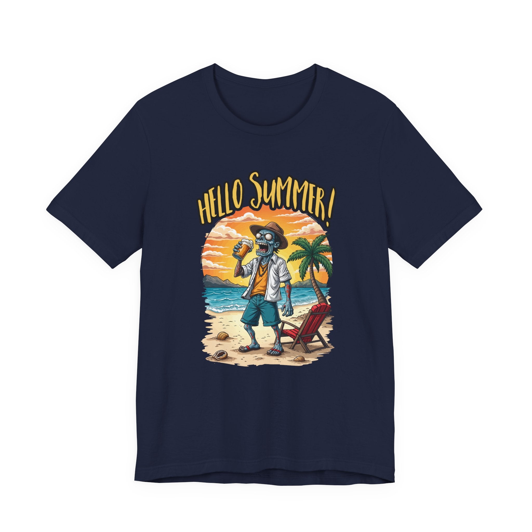 Hello Summer Tshirt Old Zombie with Cap, Beer Glass, Beach, Palm Trees & Reclining Chair