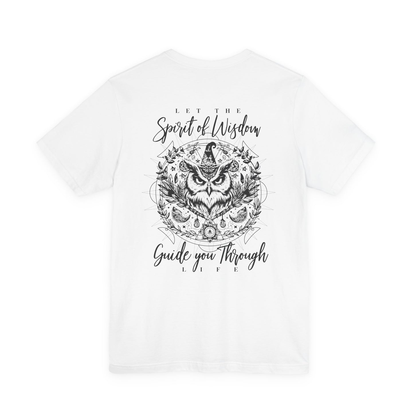 Spirit of Wisdom Owl T-Shirt – Wise Owl with Witch Hat and Medal [Black Text]