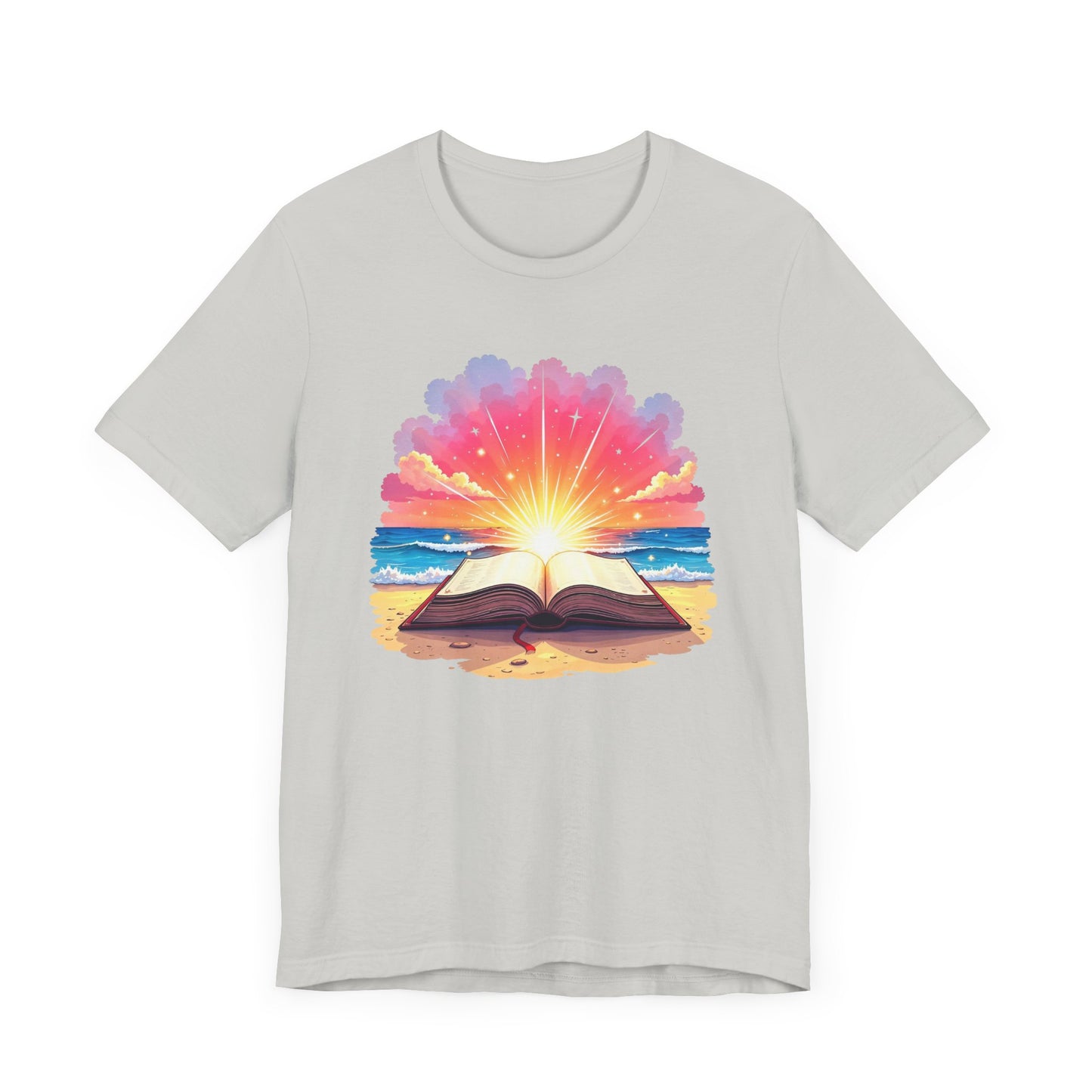 Magical Open Book on Beach with Radiant Flashlight Graphic T-Shirt