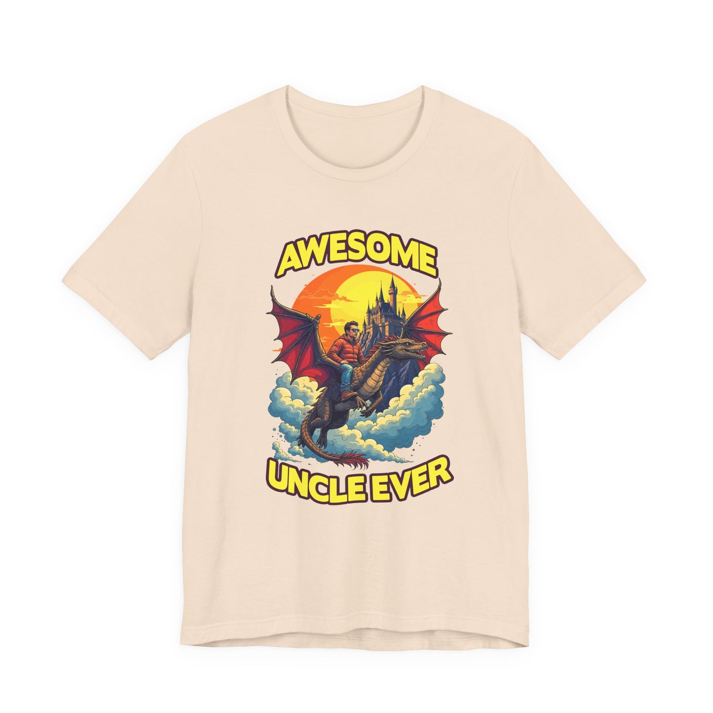 Awesome Uncle Ever Tshirt Man Riding Large Dragon Flying in Clouds with Castle in background