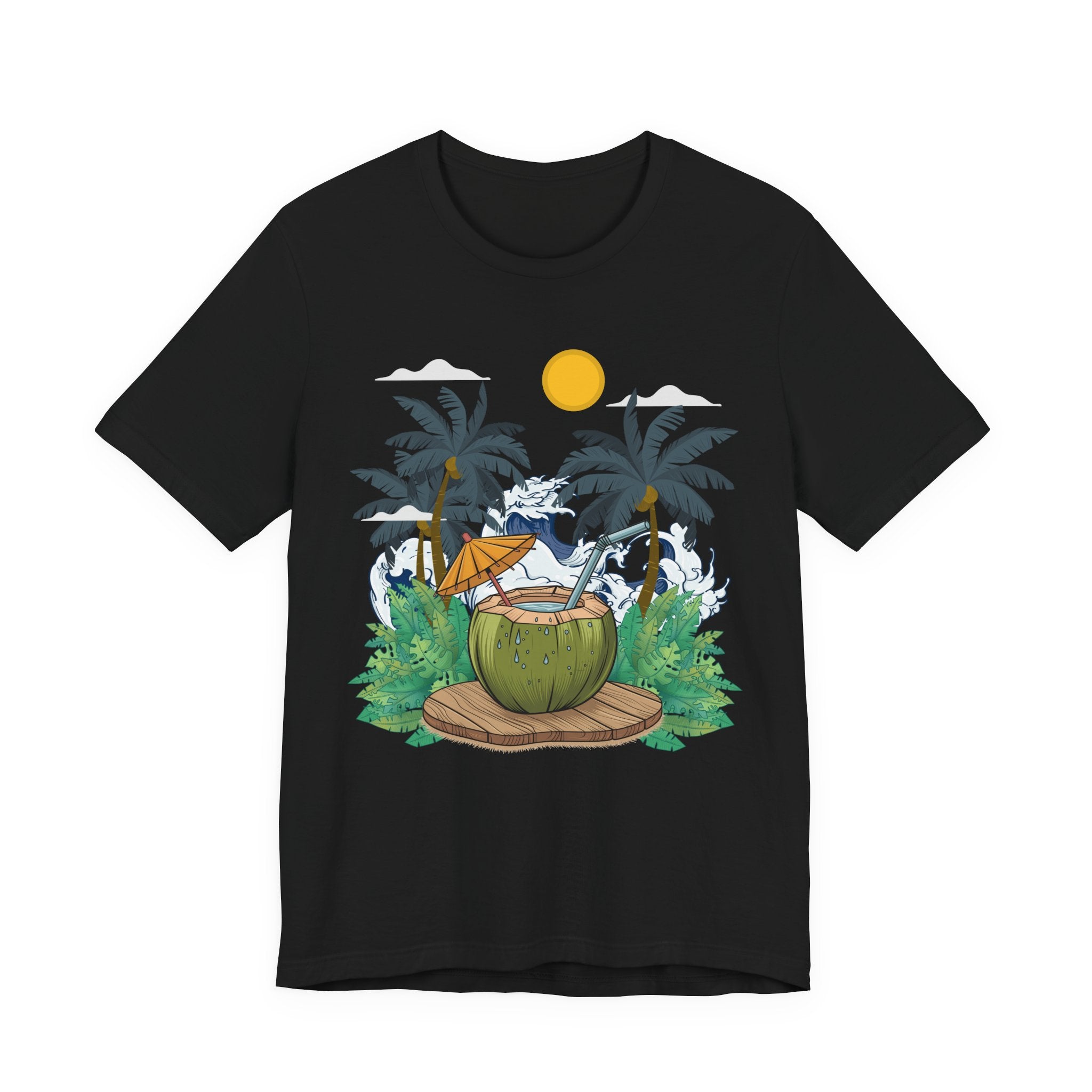 Paradise Found Tropical Refresh – Tender Coconut Drink with Palm Leaves & Ocean Waves Graphic T-Shirt