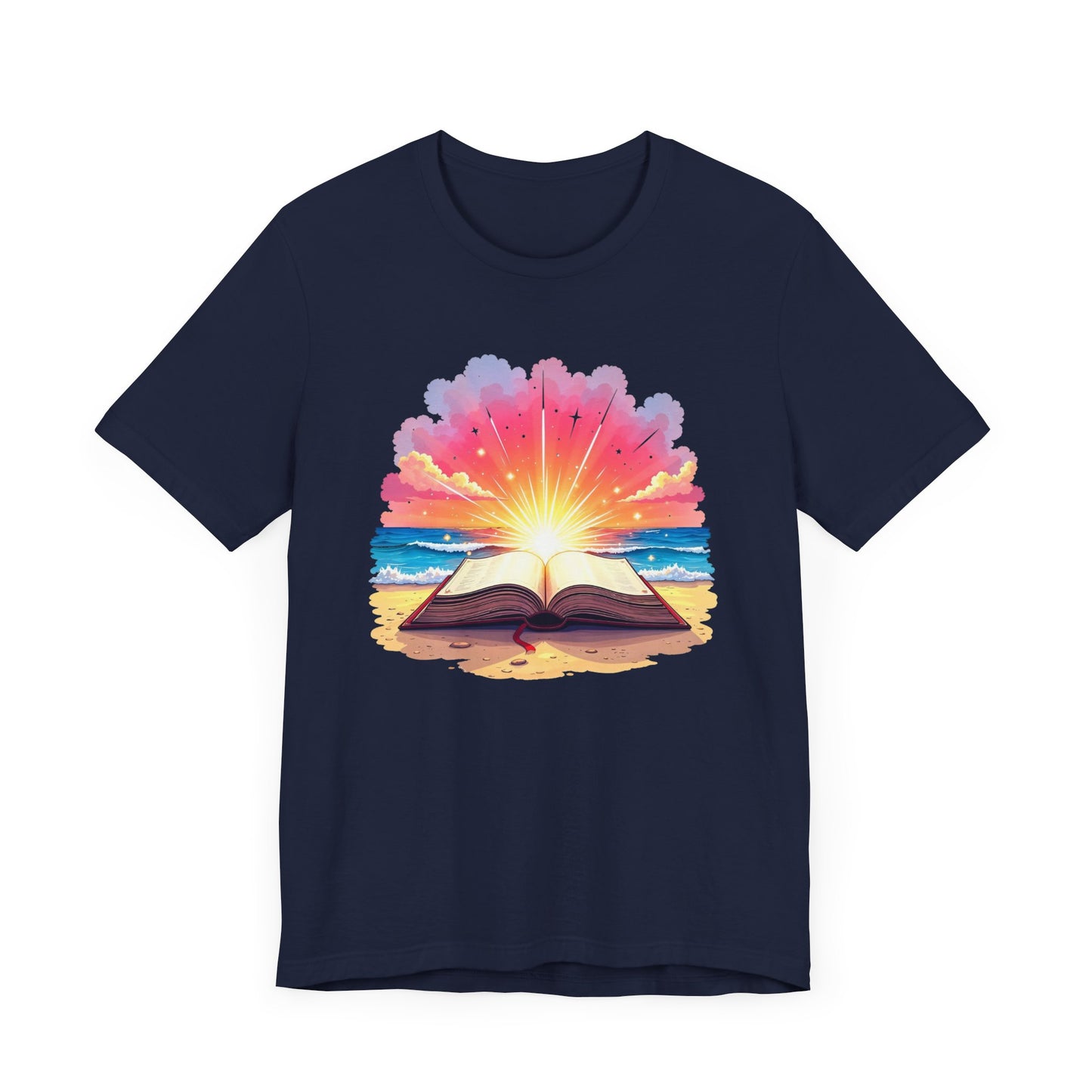 Magical Open Book on Beach with Radiant Flashlight Graphic T-Shirt