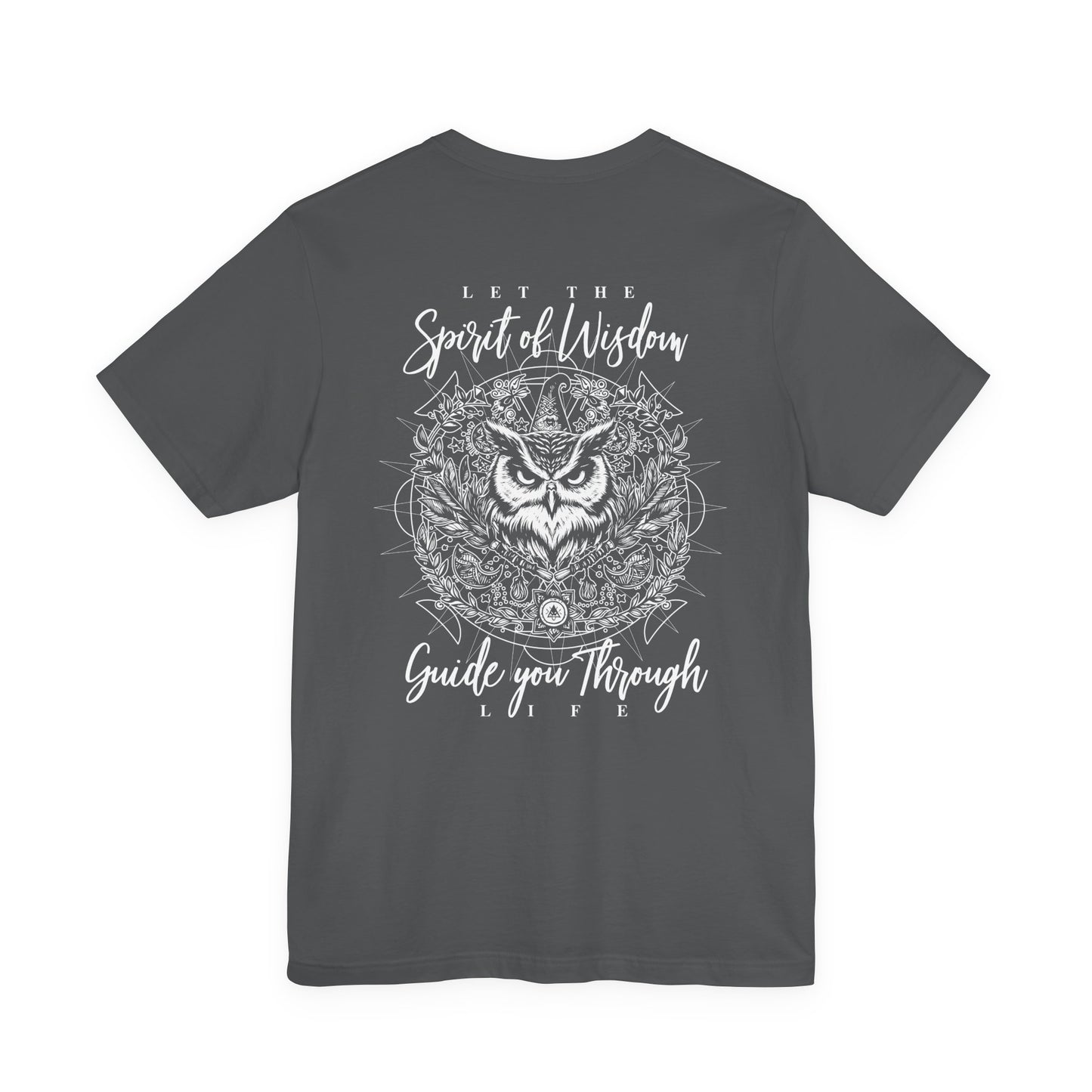 Spirit of Wisdom Owl T-Shirt – Wise Owl with Witch Hat and Medal [White Text]