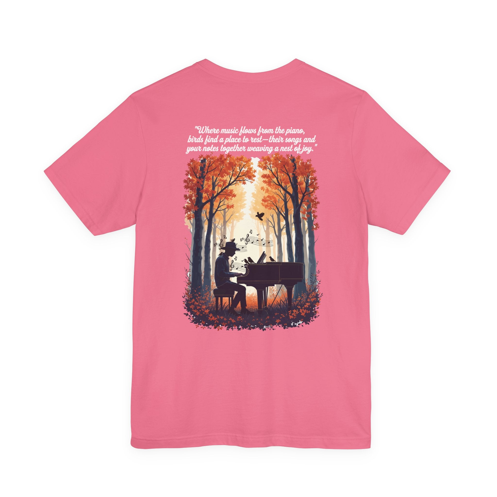 Music & Nature Harmony T-Shirt – Grand Piano in Autumn Forest Scene [White Text]