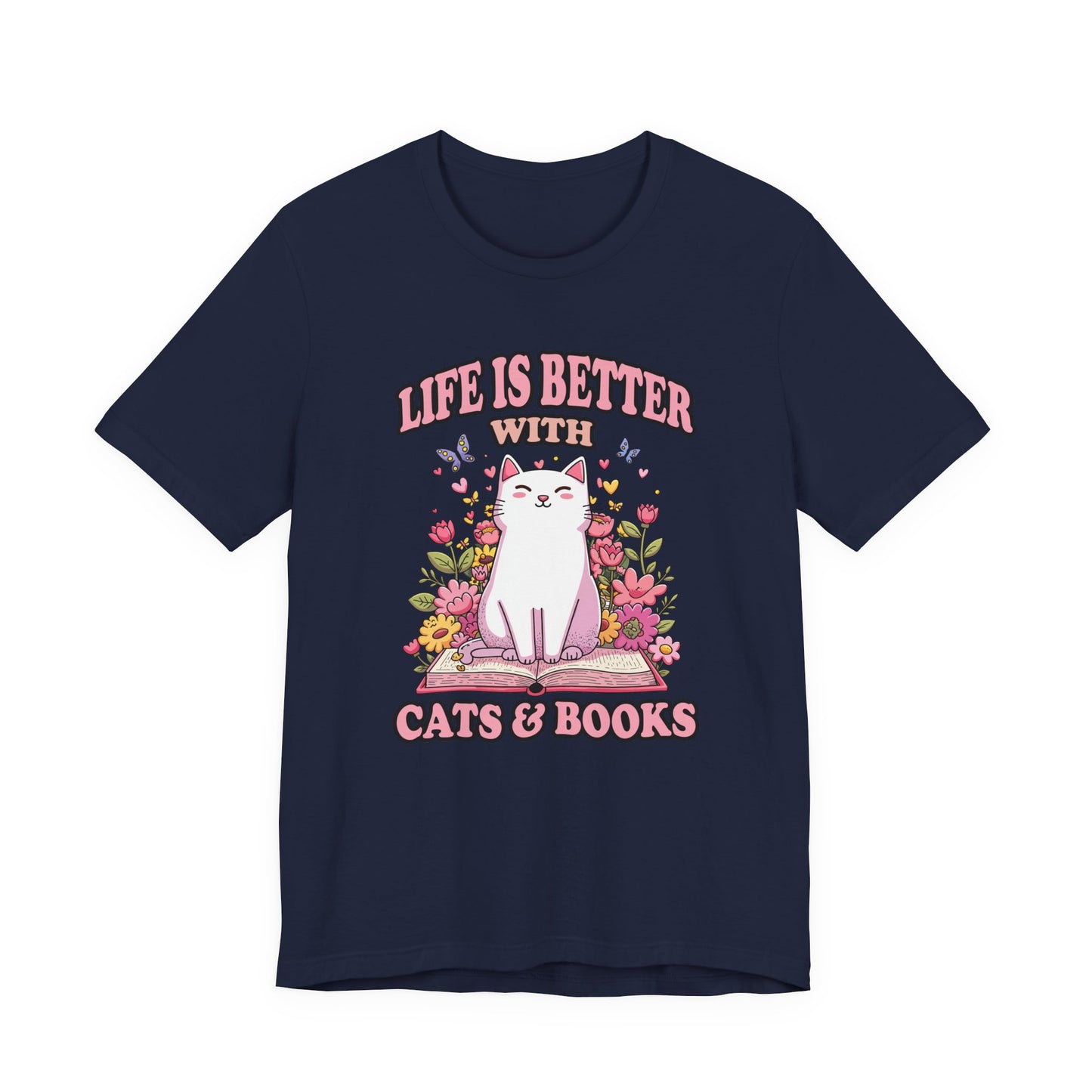 Life Is Better With Cat And Books Tshirt Cat Sitting on Open Book Flower Graphic