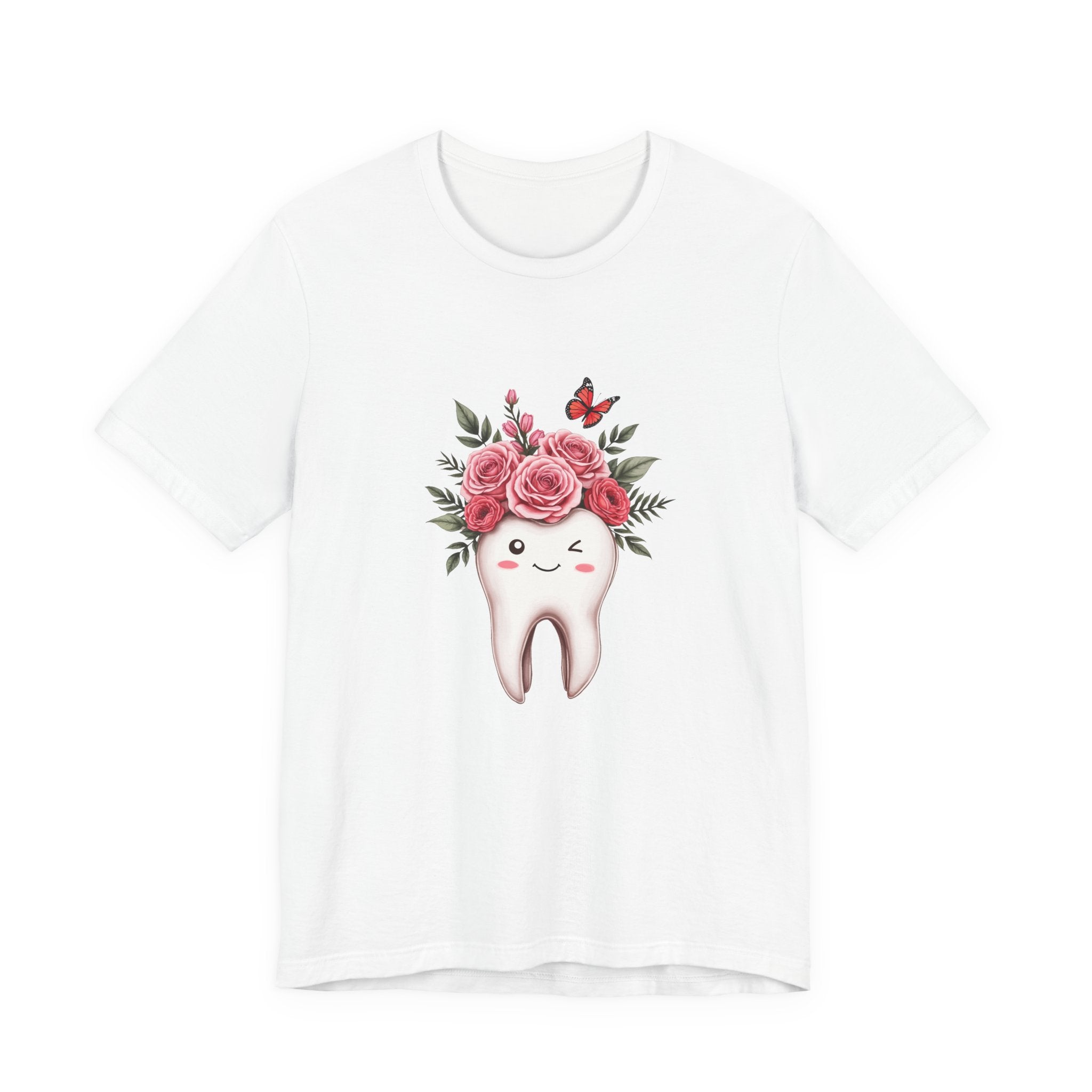 Smile T Shirt with Large Winking Tooth Surrounded by Flowers Leaves and Butterflies