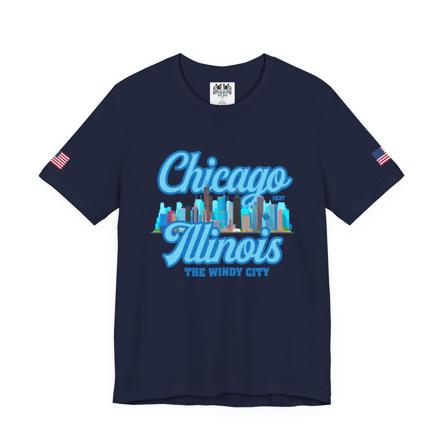 Chicago Illinois Windy City T-Shirt - 1837 Blue Colorful Skyline Navy Design