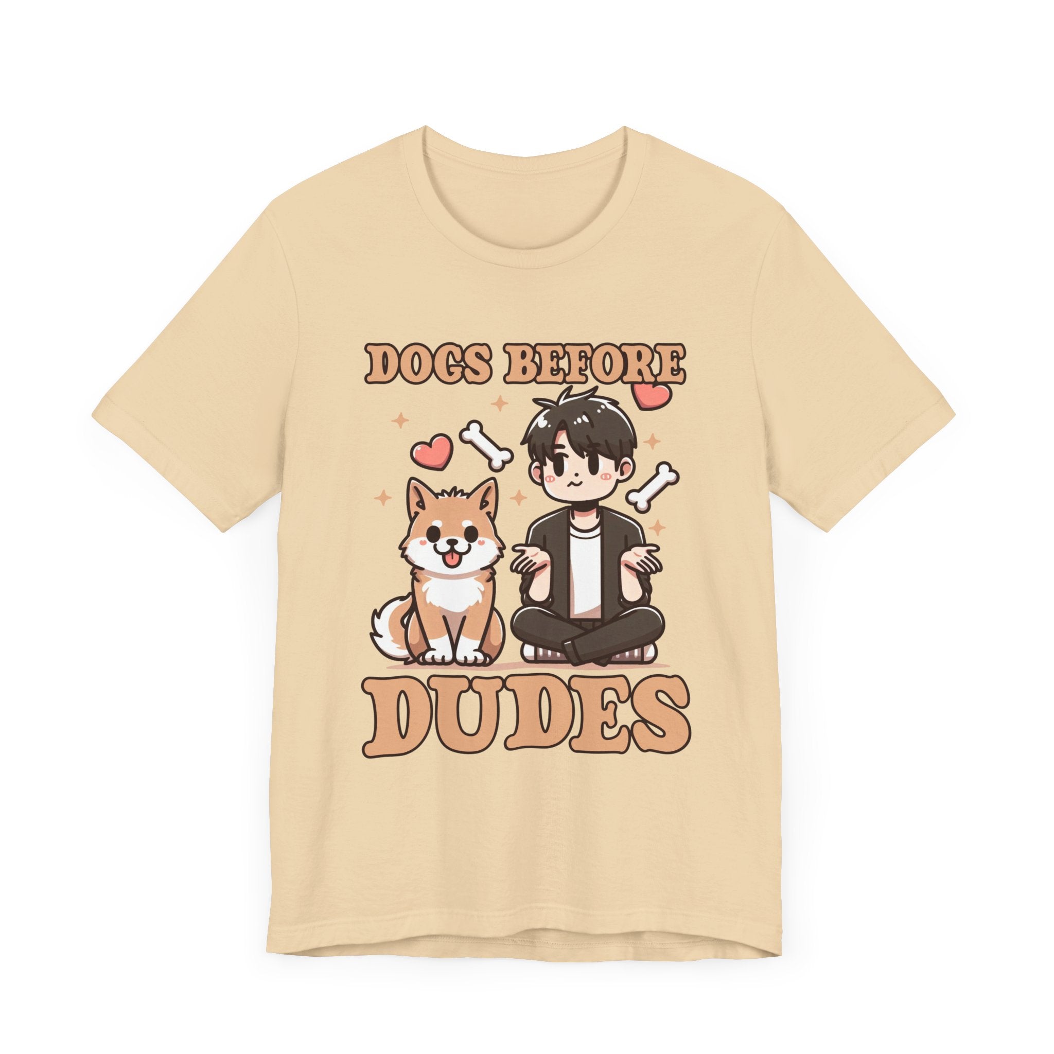 Dogs Before Dudes | Smiling Puppy & Surprised Boy with Hearts, Bones, and Stars T-Shirt