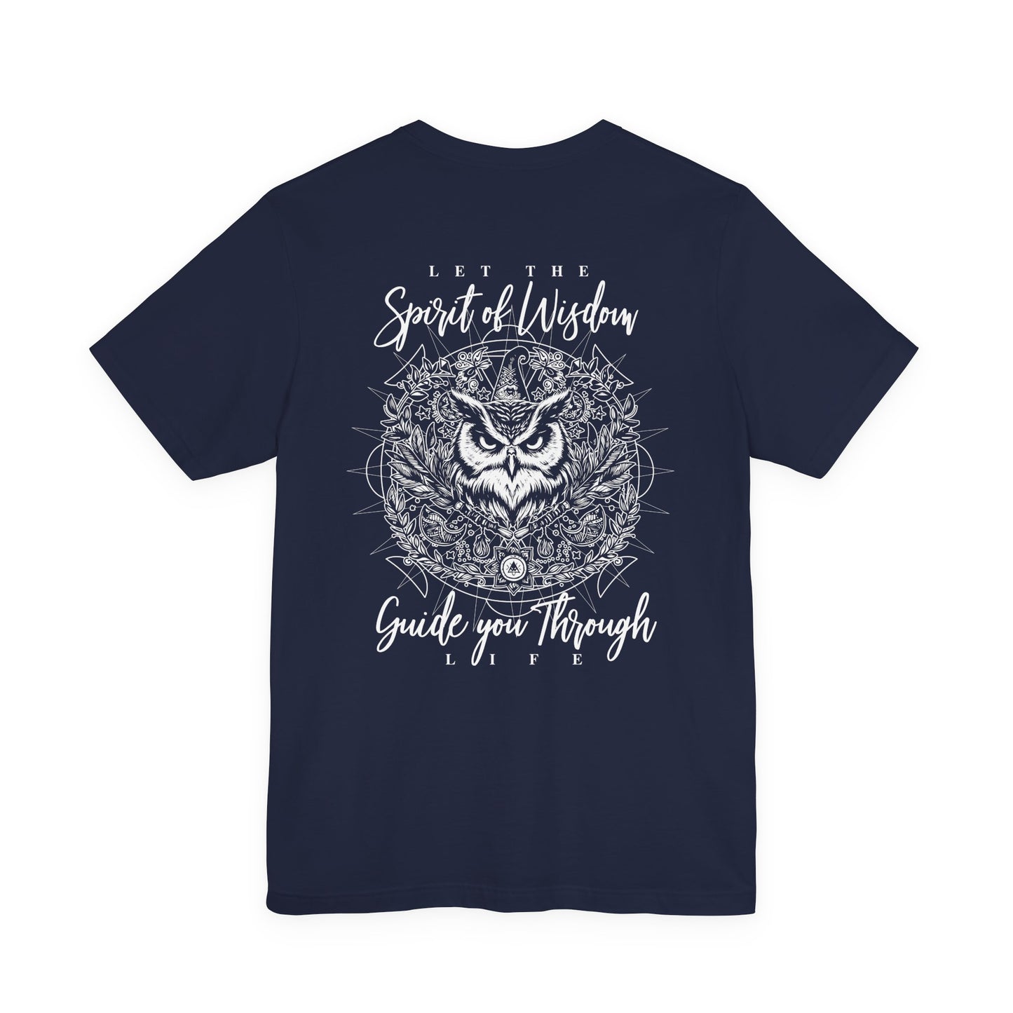 Spirit of Wisdom Owl T-Shirt – Wise Owl with Witch Hat and Medal [White Text]