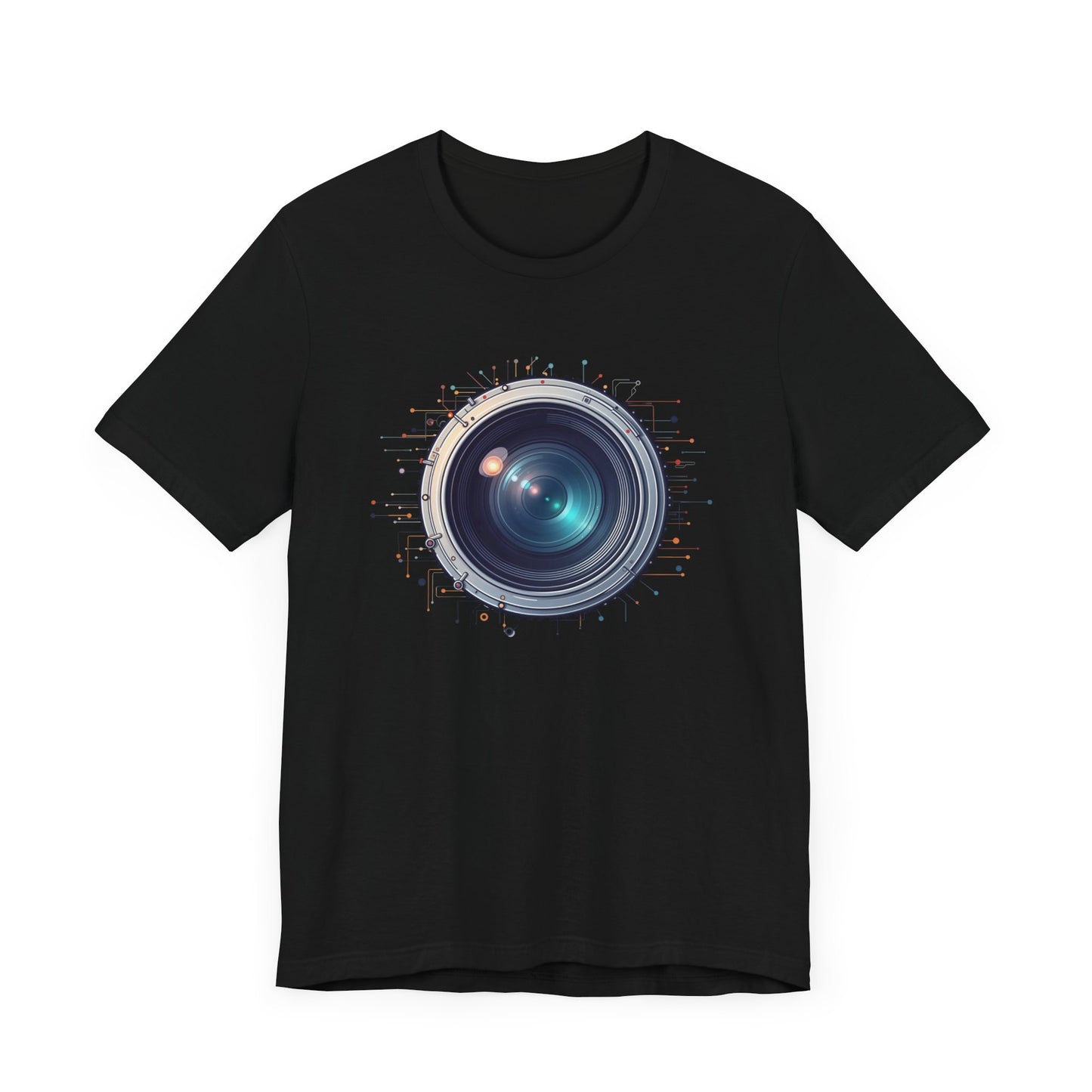 Focus Mode – Large Camera Lens with Radiant Lines & Color Splash Graphic T-Shirt