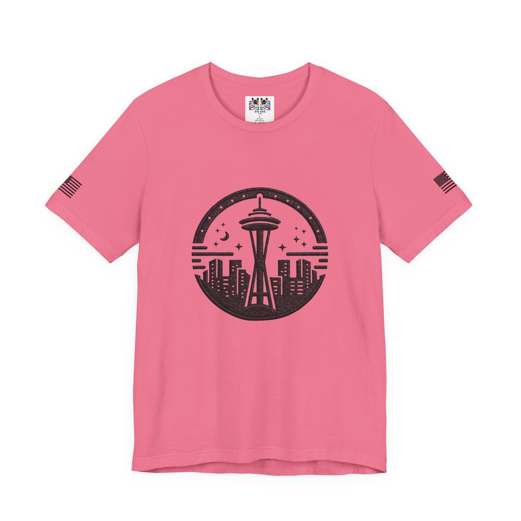 Seattle Space Needle Night Sky Circle Emblem Graphic T-Shirt | Seattle Souvenir Tee | Emerald City Emblem Shirt