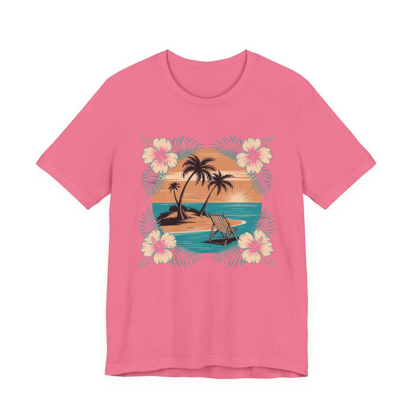 Tropical Escape – Beach Island Sunset with Floral Border Graphic T-Shirt