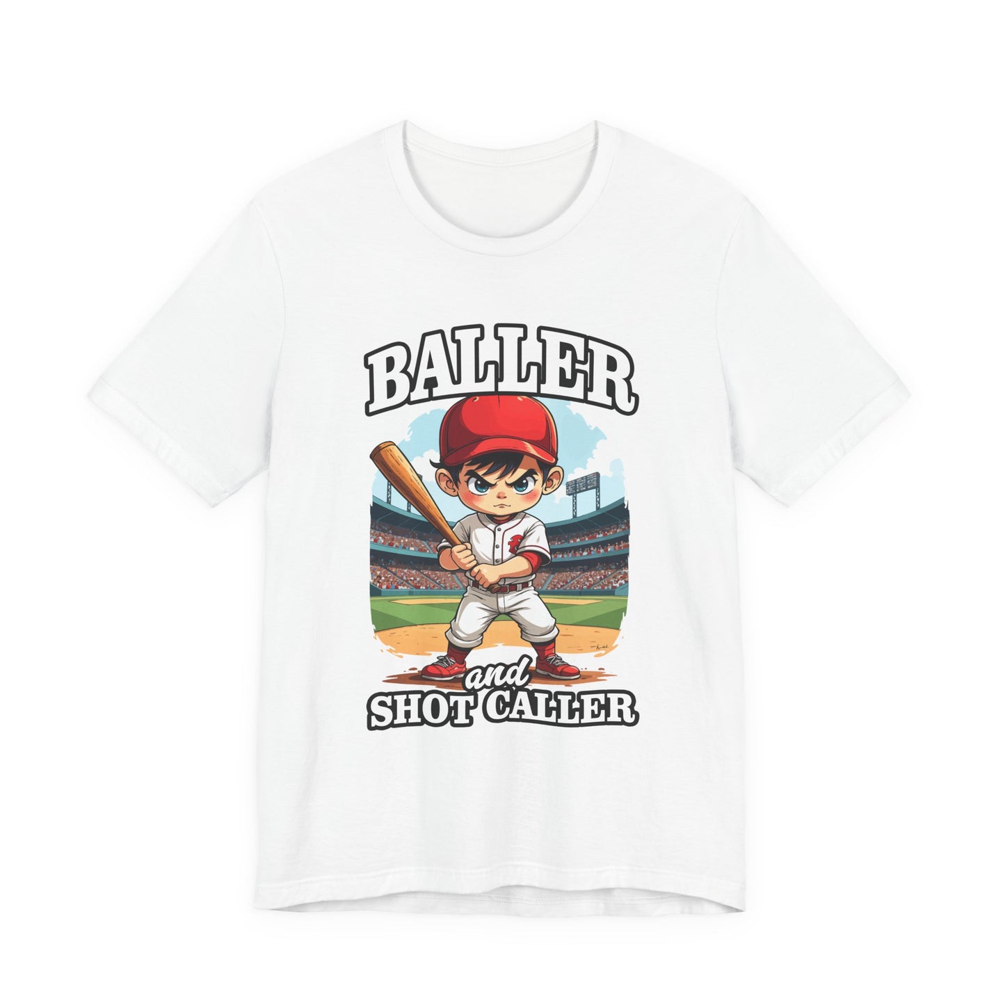 Baller And Short Caller Tshirt young baseball player standing confidently on the pitch