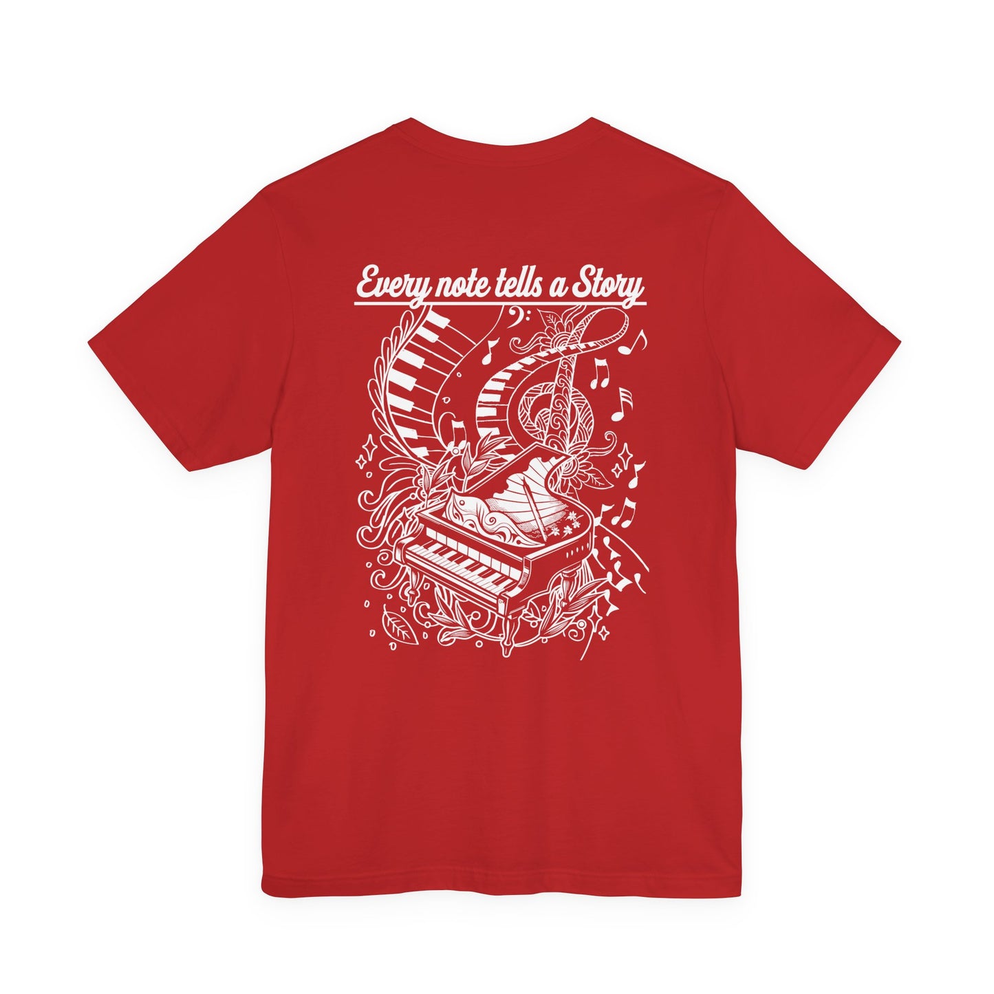 Grand Piano Story T-Shirt – Artistic Music Notes & Keys Graphic