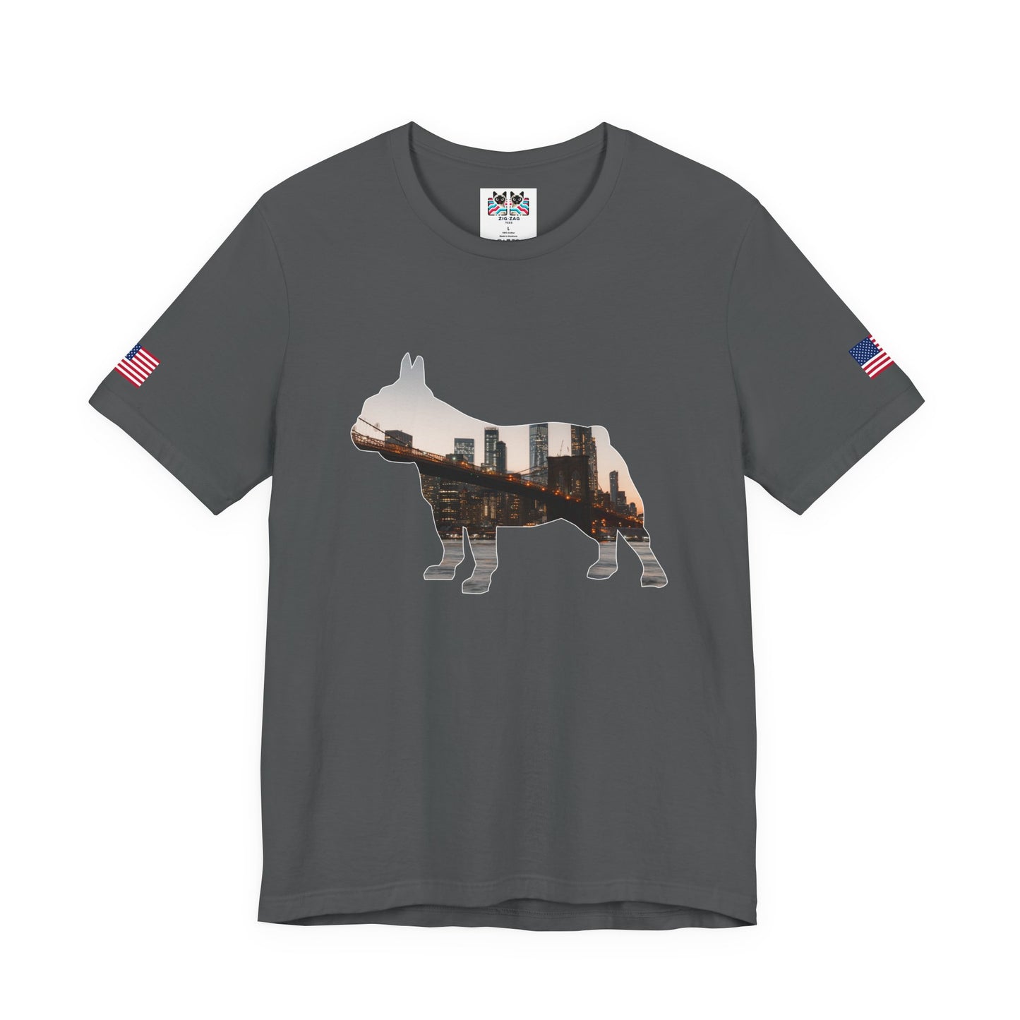NYC Dog Silhouette T-Shirt - New York City Skyline in French Bulldog Shape Brooklyn Bridge
