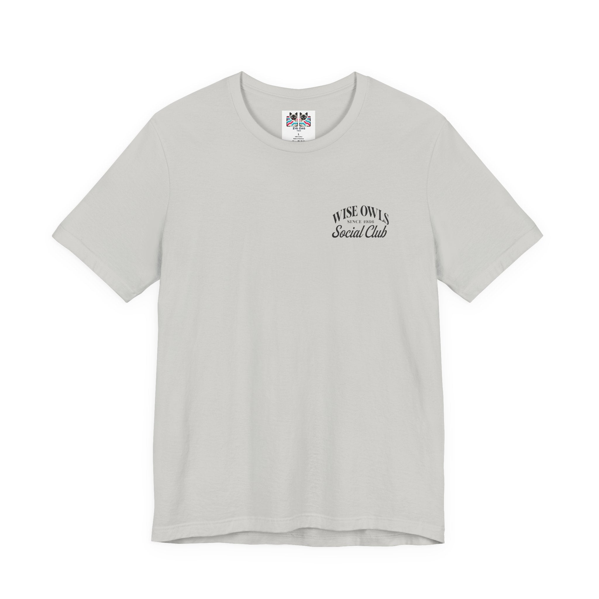 Wise Owl Social Club T-Shirt – Calm Owl on Branch with Empowering Text