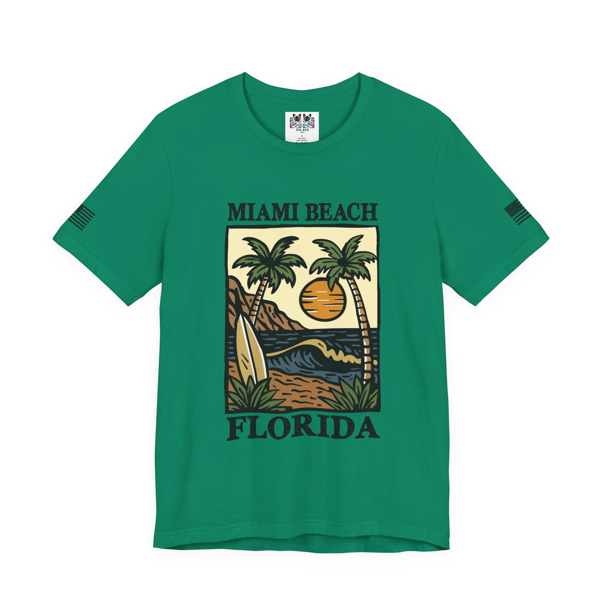 Miami Beach Florida T-Shirt – Illustrated Surfboard Palm Tree Sunset Beach Scene Tee