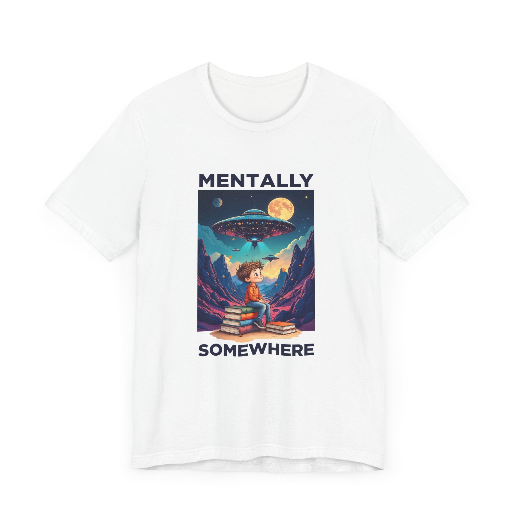 Mentally Somewhere Else – Boy on Books with Space Scene Graphic T-Shirt